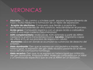  Abscisión: ( L. ab camino y scindere partir, separar) desprendimiento de
hojas y frutos mediante la formación de un tejido de separación.
 Aceptor de electrones: Compuesto que tiende a aceptar los
electrones procedentes de otra sustancia, reduciéndose en el proceso.
 Ácido graso: Compuesto orgánico con un grupo ácido o carboxílico
unido a una larga cadena carbohidratada.
 ADN complementario: Molécula de ADN obtenida a partir de ARNm
mediante la enzima transcriptasa inversa. Aerobio: Organismo capaz
de utilizar el O2 en sus procesos de respiración celular.
 Alantoides: saco en donde se acumulan las sustancias de desecho del
embrión.
 Alelo dominante: Gen que se expresa en una proteína e impide, en
heterocigosis, la expresión del gen alello recesivo presente en el mismo
locus del otro cromosoma homólogo.
 Alelo recesivo: Gen que no se expresa en heterocigosis por inhibición
del gen dominante. Aminoacil-ARNt. Molécula compuesta por un ARNt
y un aminoácido específico que se une al ARNm en un ribosoma.
 