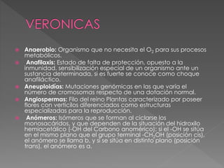  Anaerobio: Organismo que no necesita el O2 para sus procesos
metabólicos.
 Anafilaxis: Estado de falta de protección, opuesto a la
inmunidad. sensibilización especial de un organismo ante un
sustancia determinada, si es fuerte se conoce como choque
anafiláctico.
 Aneuploidías: Mutaciones genómicas en las que varía el
número de cromosomas respecto de una dotación normal.
 Angiospermas: Filo del reino Plantas caracterizado por poseer
flores con verticilos diferenciados como estructuras
especializadas para la reproducción.
 Anómeros: Isómeros que se forman al ciclarse los
monosacáridos, y que dependen de la situación del hidroxilo
hemiacetálico (-OH del Carbono anomérico): si el -OH se sitúa
en el mismo plano que el grupo terminal -CH2OH (posición cis),
el anómero se llama b, y si se sitúa en distinto plano (posición
trans), el anómero es a.
 