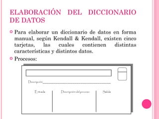 ELABORACIÓN DEL DICCIONARIO
DE DATOS
 Para elaborar un diccionario de datos en forma
  manual, según Kendall & Kendall, existen cinco
  tarjetas,   las    cuales    contienen distintas
  características y distintos datos.
 Procesos:
 