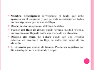    Nombre descriptivo: corresponde al texto que debe
    aparecer en el diagrama y que permite referenciar en todas
    las descripciones que se usa del flujo.
   Descripción más general del flujo de datos.
   Fuente del flujo de datos: puede ser una entidad externa,
    un proceso o un flujo de datos que viene de un almacén.
   Destino del flujo de datos: puede ser una entidad
    externa, un proceso o un flujo de datos que viene de un
    almacén.
   El volumen por unidad de tiempo. Puede ser registros por
    día o cualquier otra unidad de tiempo.
 