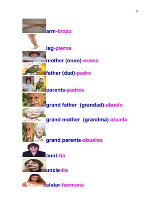 11
arm-brazo
leg-pierna
mother (mum)-mama
father (dad)-padre
parents-padres
grand father (grandad)-abuelo
grand mother (grandma)-abuela
grand parents-abuelos
aunt-tia
uncle-tio
sister-hermana
 