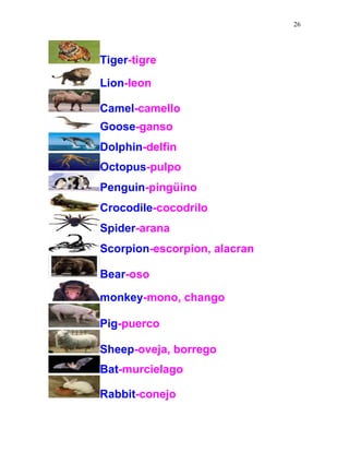 26
Tiger-tigre
Lion-leon
Camel-camello
Goose-ganso
Dolphin-delfin
Octopus-pulpo
Penguin-pingüino
Crocodile-cocodrilo
Spider-arana
Scorpion-escorpion, alacran
Bear-oso
monkey-mono, chango
Pig-puerco
Sheep-oveja, borrego
Bat-murcielago
Rabbit-conejo
 