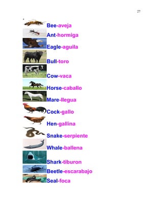 27
Bee-aveja
Ant-hormiga
Eagle-aguila
Bull-toro
Cow-vaca
Horse-caballo
Mare-llegua
Cock-gallo
Hen-gallina
Snake-serpiente
Whale-ballena
Shark-tiburon
Beetle-escarabajo
Seal-foca
 