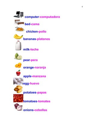 4
computer-computadora
bed-cama
chicken-pollo
bananas-platanos
milk-leche
pear-pera
orange-naranja
apple-manzana
egg-huevo
potatoes-papas
tomatoes-tomates
onions-cebollas
 