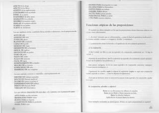A D IC TO A la droga
A FEC TO A los libros
A TEN TO A las explicaciones
CO N TRA RIO A lo acordado
IN FIEL A su esposa
IN SEN SIBLE Al dolor ajeno
SEM EJANTE A su abuela
SENSIBLE A nuestros ruegos
SIM ILAR A la primera edición
SU M ISO A sus padres
SU JETO A obediencia
Los que significan ciertas «cualidades físicas, morales o abstractas», con la preposición de.
ALTO DE talle
AN SIO SO DE vivir
Á V ID O DE afecto
BLAN DO DE condición
CAPAZ DE hacerlo
D ESEO SO DE viajar
D IFEREN TE DE su hermana
D IFÍCIL DE explicar
D ISTIN TO DE sus padres
D U R O DE pelar
FALTO DE cariño
FLACO DE memoria
FÁCIL DE lograr
INDEPENDIENTE DE su familia
SEG U RO DE su victoria
SO SPECH O SO DE robo
TEM ERO SO DE una venganza
Los que expresan «ciencia» o «maestría», con la preposición en:
D IESTRO EN trabajos manuales
D O C TO EN Historia medieval
D U CH O EN temas económicos
EXPERIM EN TADO EN política
P ER ITO EN Derecho Penal
V ERSA D O EN Matemática
Los que indican «disposición feliz para algo» o lo contrario, con la preposición para.
A PTO PARA escribir informes
BEN EFICIO SO PARA todos
BU EN O PARA el deporte
CO M PETEN TE PARA la profesión
H Á BIL PARA tejer
JO
IDÓNEO PARA desempeñar su cargo
INCAPAZ PARA la Matemática
INEPTO PARA ese trabajo
INHÁBIL PARA dibujar
IN ÚTIL PARA pintar paredes
PERJUD ICIA L PARA su salud
Ú TIL PARA nuestra empresa
Funciones atípicas de las preposiciones
El español nos ofrece ejemplos en los que las preposiciones tienen funciones atípicas; no
actúan como relacionantes:
1. iA comer! (excepto que se sobrentiendan — como lo hacía la gramática tradicional—
las formas verbales «vamos» o «vengan»); ¡Aellas! («vayamos»).
2. La preposición asume la función y el significado de otra categoría gramatical:
a) la conjunción
A decir verdad, este libro es caro (a equivale a la conjunción condicional «si»: Si digo la
verdad...).
A petición de mis profesores, daré la conferencia (a equivale a la conjunción causal «porque»:
Porque me lo pidieron mis profesores...).
Con parecer inteligente, no lo era (con equivale a la conjunción concesiva «aunque»:
Aunque parecía inteligente...).
Organizarán los cursillos según lo dispone el reglamento (según es aquí una conjunción
modal; equivale a «como»: ...como lo dispone el reglamento).
Ariel con sus hermanos visitó (o visitaron) la estancia (con equivale a la conjunción copula­
tiva «y»).
b) ¿conjunción, adverbio o adjetivo?
Entre tú y yo llevaremos los sillones al comedor.
Entre Javier, Pedro y Mario mataron un león.
Hasta los abuelos bailaron.
Aplaudieron al payaso hasta los monos.
Estos ejemplos encienden un interrogante: ¿Existe un sujeto preposicional en español?
31
 