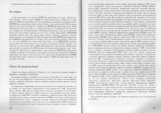 Las preposiciones más usadas en español son a, con, de, en.
Su origen
A (de origen latino ad, ‘a, hacia’); A N TE (de origen latino ante, ‘ante’, ‘enfrente de’,
‘hacia delante’, ‘antes’, ‘contra’); B A JO (de origen latino bassus, ‘debajo de, en lugar
inferior’); CON (de origen latino cum, ‘que acompaña, en compañía de, juntamente, con’);
C O N TR A (de origen latino contra, ‘contra’, ‘frente a’, ‘en contacto con’); DE (de origen
latino de, ‘que viene de’, ‘hecho de’, ‘causado por’) ; D ESD E (de origen latino de ex, ‘desde,
desde dentro’; de de, ‘de, desde’ + ex, ‘desde, que sale de’ + el español de, ‘que viene de,
que se origina en’). El español desde es doblemente pleonàstico, ya que sus componentes
latinos (de ex de) pueden traducirse por ‘de de de’ o ‘desde desde desde’); D U RA N TE
(participio presente del verbo latino durare, ‘durar’, ‘aguantar’, ‘soportar’, ‘persistir’
[durans'durantis, ‘en el tiempo de’]); EN (de origen latino in); EN TRE (de origen latino
ínter); H A CIA (del antiguo facie ad, ‘frente a’, faz a, facía, del latín ad faciera, ‘al haz, a la
faz, a la cara’); H A STA (de origen árabe hattá, ‘hasta, aun’); M EDIANTE (participio
presente del verbo latino mediare, ‘estar en medio, interponerse’ [medians-mediantis, ‘por
medio de, por intervención de’]); PARA (del antiguo pora, ‘para’, de por, influido por el
anticuado par, ‘en nombre de’) ; P O R (metátesis de la preposición latina pro, ‘para’, ‘ante’,
‘en lugar de’, influida por per, ‘hacia delante’, ‘ante’, ‘primero’); SEGUN (de origen latino
secundum, ‘conforme a, con arreglo a, de acuerdo con lo que dice una persona’) ; SIN (de
origen latino sine, ‘que no tiene, que carece de’, ‘que no está acompañado por’); SO BR E
(de origen latino super, ‘encima de, en lugar superior’) ; T R A S (de origen latino trans, ‘al
otro lado, más allá’).
Clases de preposiciones
Algunos gramáticos establecen la diferencia entre preposiciones simples, propias o
separables, e impropias o inseparables.
Las simples, propias o separables son categorías independientes (a, ante, bajo, con,
etc.). Se usan como prefijos en la composición de palabras. Por ejemplo: anormal, anteayer,
contratar, contradecir, deposición, enaltecer, entreabrir, parabién, porvenir, sinrazón, socavar,
sobreponer, trastienda.
Las impropias o inseparables, que derivan del latín, no se separan de la palabra; son
los prefijos que funcionaban primitivamente como preposiciones: A B- (‘separación’:
abjurar, abusar); A BS- (abstraer); AD- (tiene el valor de a; ‘proximidad’ o ‘encarecimien­
to’: adjunto, admirar, adyacente); A N TI- (‘opuesto o con propiedades contrarias’: antimo­
ral, antipútrido); C IRC U M - (‘alrededor’: circumpolar, circunnavegación); C IS- (‘de la parte
o del lado de acá’: cisalpino, cisandino, cismontano); C ITR A - (‘de la parte o del lado de acá’:
citramontano); C O - (‘unión’, ‘compañía’: coacusado, codelincuente, coheredero); CO M - (la
preposición con se transforma en com ante «b» y «p»: comprovinciano); D ES- (‘negación o
inversión del significado del simple’, ‘privación’, ‘exceso o demasía’, ‘fuera de’: desabejar,
16
descamino, desconfiar, deslenguado; a veces, implica ‘afirmación’: despavorir); DI- (‘oposi­
ción o contrariedad’, ‘origen o procedencia’, ‘extensión o dilatación’: difundir, dimanar,
disentir); D IS- (‘separación o distinción’, ‘imperfección’, ‘dificultad’, ‘anomalía’: discernir,
disnea, dispepsia); E- (‘origen o procedencia’, ‘extensión o dilatación’: efundir, emanar); ES-
(‘fuera’, ‘más allá’, ‘privación’, ‘atenuación del significado del simple’: escocer, escoger,
esperezarse, estirar; a veces, tiene valor expletivo, como en escarmenar, forma distinta de
carmenar); EX- (‘fuera’, ‘más allá’; da idea de ‘negación’ o de ‘privación’, de ‘encareci­
miento’; antepuesto a nombres de dignidades o de cargos, denota que ‘los tuvo y ya no los
tiene’ la persona de quien se habla; también se antepone a otros nombres o adjetivos de
persona e indica que ésta ha dejado de ser lo que aquéllos significan: ex ministro, ex secre­
tario, ex alumno, ex esposa, excéntrico, extemporáneo, extender, extraer) ; E X T R A - (‘fuera de’:
extraordinario); IN - (se convierte en im delante de «b» o de «p»; en i, por «il», delante de
»1»; en ir delante de «r»; por regla general, equivale a ‘en’: inestable, infiel, ímprobo, ilegal,
irreal); IN FRA- (‘inferior’, ‘debajo de’: infraestructura, infrahumano); IN TER- (‘entre’, ‘en
medio’, ‘entre varios’: interministerial, internacional); IN TRA - (‘interioridad’: intramuros,
intramuscular); IN TR O - (‘hacia adentro’: introvertido); O B - (‘a, hacia’, ‘contra’, ‘ante’,
‘detrás de’, ‘a lo lejos’, ‘sobre’, ‘completamente’; se vuelve o ante «m», oc- ante «c», of- ante
«f», op- ante «p»: obedecer, obtener, omitir, ocluir, ofender, oponer); PER- (esfuerza o aumen­
ta la significación de las voces españolas simples a que se halla unida: perdurable, pertur­
bar); POS-/POST- (‘detrás’, ‘después de’: posdata, postdata, posdiluviano, postdiluviano,
posgrado, postgrado, posoperatorio, postoperatorio, posponer, postergar); PR E- (‘anterioridad
local o temporal’, ‘prioridad’, ‘encarecimiento’: preclaro, prefijar, presuponer, prever);
PRETER- (‘fuera de’: preternatural); P R O - (‘por’, ‘en vez de’, ‘delante’, ‘publicación’,
‘continuidad de acción, impulso o movimiento hacia adelante’, ‘negación’, ‘contradicción’,
‘sustitución’: procónsul, proclamar, procrear, promover, pronombre, propasar, proponer,
proscribir); R E- (‘reintegración o repetición’, ‘aumento’, ‘oposición o resistencia’,
‘movimiento hacia atrás’, ‘negación o inversión del significado simple’, ‘encarecimiento’:
rebonita, recaer, recargar, rechazar, reelegir, refluir, relimpio, relindo, repintar, reprobar, repug­
nar); RES- (atenúa la significación de las voces simples a que se halla unida; denota,
también, ‘encarecimiento’: resguardar, resquebrar, resquemar); R E TR O - (‘tiempo anterior’:
retrotraer, retrovender); SEM I- (‘medio’, ‘casi’: semicírculo, semidifunto); SESQ U I- (se usa
para denotar una unidad y media en peso o medida de las cosas: sesquicentenario); SO -
(soasar, sopesar); SON- (sonreír, sonsacar); SO R- (sorprender); SO S- (sospesar, sostener);
SU- (suponer); SU B - (a veces, cambia su forma en alguna de las siguientes: so-, son-, sor-,
sos-, su-, sus-; significa, ordinariamente, ‘debajo’, ‘acción secundaria’, ‘inferioridad’,
‘atenuación o disminución’: subarrendar, subrayar, subterráneo); SU S- (suspender);
SU PER- (‘preeminencia’, ‘grado sumo’, ‘exceso, demasía’: superabundante, superfino,
superintendente); TRAN S-/TRA S- (‘del otro lado’, ‘más allá’, ‘a través de’; ‘cambio o
mudanza’; pierde la «s» final cuando precede a voces simples que empiezan con esta misma
letra; el uso autoriza «trans-» o «tras-»; a veces, se emplea sin ninguna de las dos últimas
letras: transatlántico, transformar, transparente, transustancial, tramontano); U LTRA -
(‘exceso’, ‘más allá’: ultrafamoso, ultraideal).
Hoy preferimos hablar de prefijos o de elementos prepositivos, y no, de preposiciones
inseparables.
 