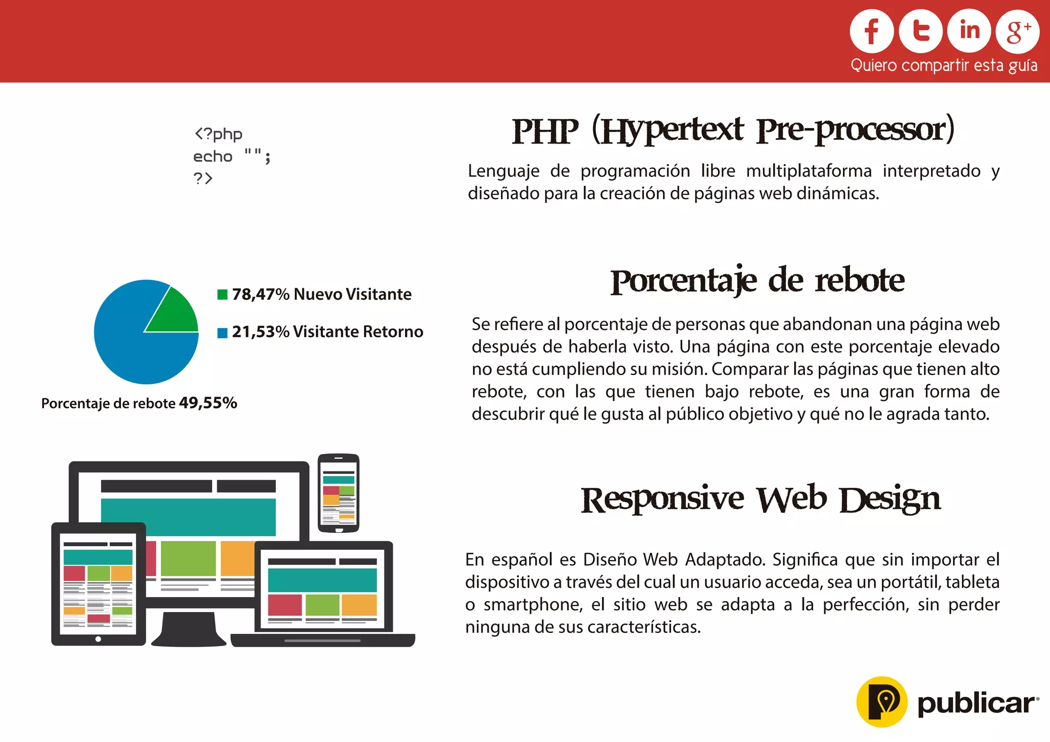 Responsive Web Design
En español es Diseño Web Adaptado. Signiﬁca que sin importar el
dispositivo a través del cual un usuario acceda, sea un portátil, tableta
o smartphone, el sitio web se adapta a la perfección, sin perder
ninguna de sus características.
PHP (Hypertext Pre-processor)
Lenguaje de programación libre multiplataforma interpretado y
diseñado para la creación de páginas web dinámicas.
Porcentaje de rebote
Se reﬁere al porcentaje de personas que abandonan una página web
después de haberla visto. Una página con este porcentaje elevado
no está cumpliendo su misión. Comparar las páginas que tienen alto
rebote, con las que tienen bajo rebote, es una gran forma de
descubrir qué le gusta al público objetivo y qué no le agrada tanto.
78,47% Nuevo Visitante
21,53% Visitante Retorno
Porcentaje de rebote 49,55%
<?php
echo "";
?>
Quiero compartir esta guía
 
