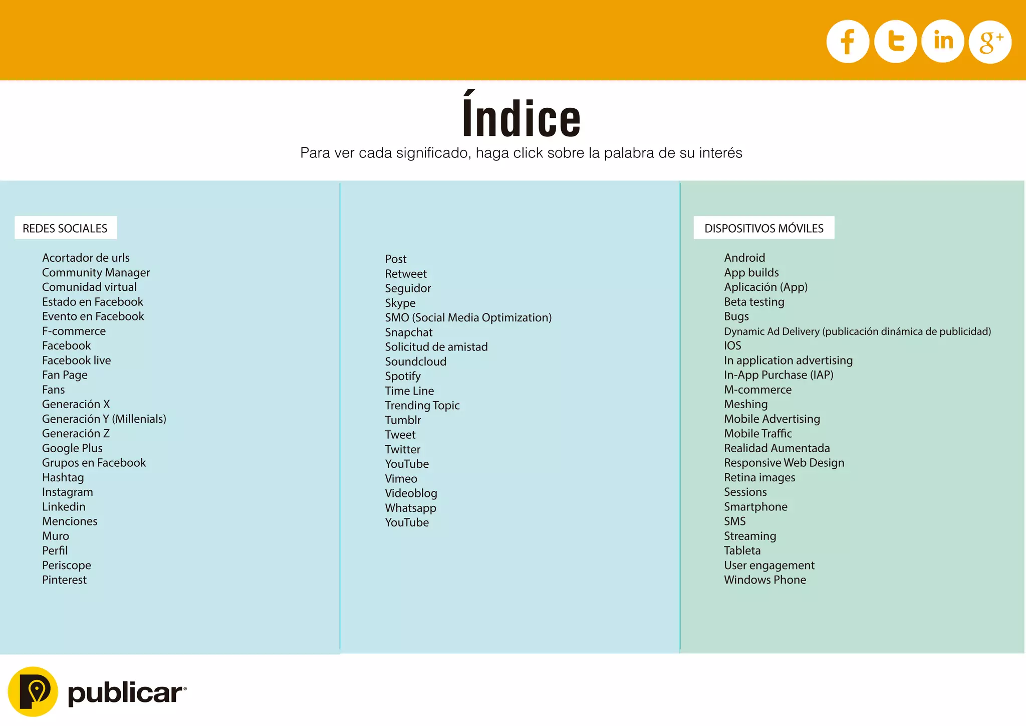 REDES SOCIALES
Acortador de urls
Community Manager
Comunidad virtual
Estado en Facebook
Evento en Facebook
F-commerce
Facebook
Facebook live
Fan Page
Fans
Generación X
Generación Y (Millenials)
Generación Z
Google Plus
Grupos en Facebook
Hashtag
Instagram
Linkedin
Menciones
Muro
Periscope
Pinterest
Post
Retweet
Seguidor
Skype
SMO (Social Media Optimization)
Snapchat
Solicitud de amistad
Soundcloud
Spotify
Time Line
Trending Topic
Tumblr
Tweet
Twitter
YouTube
Vimeo
Videoblog
Whatsapp
YouTube
Quiero compartir esta guía
DISPOSITIVOS MÓVILES
Android
App builds
Aplicación (App)
Beta testing
Bugs
Dynamic Ad Delivery (publicación dinámica de publicidad)
IOS
In application advertising
In-App Purchase (IAP)
M-commerce
Meshing
Mobile Advertising
Realidad Aumentada
Responsive Web Design
Retina images
Sessions
Smartphone
SMS
Streaming
Tableta
User engagement
Windows Phone
Índice
Para ver cada significado, haga click sobre la palabra de su interés
 