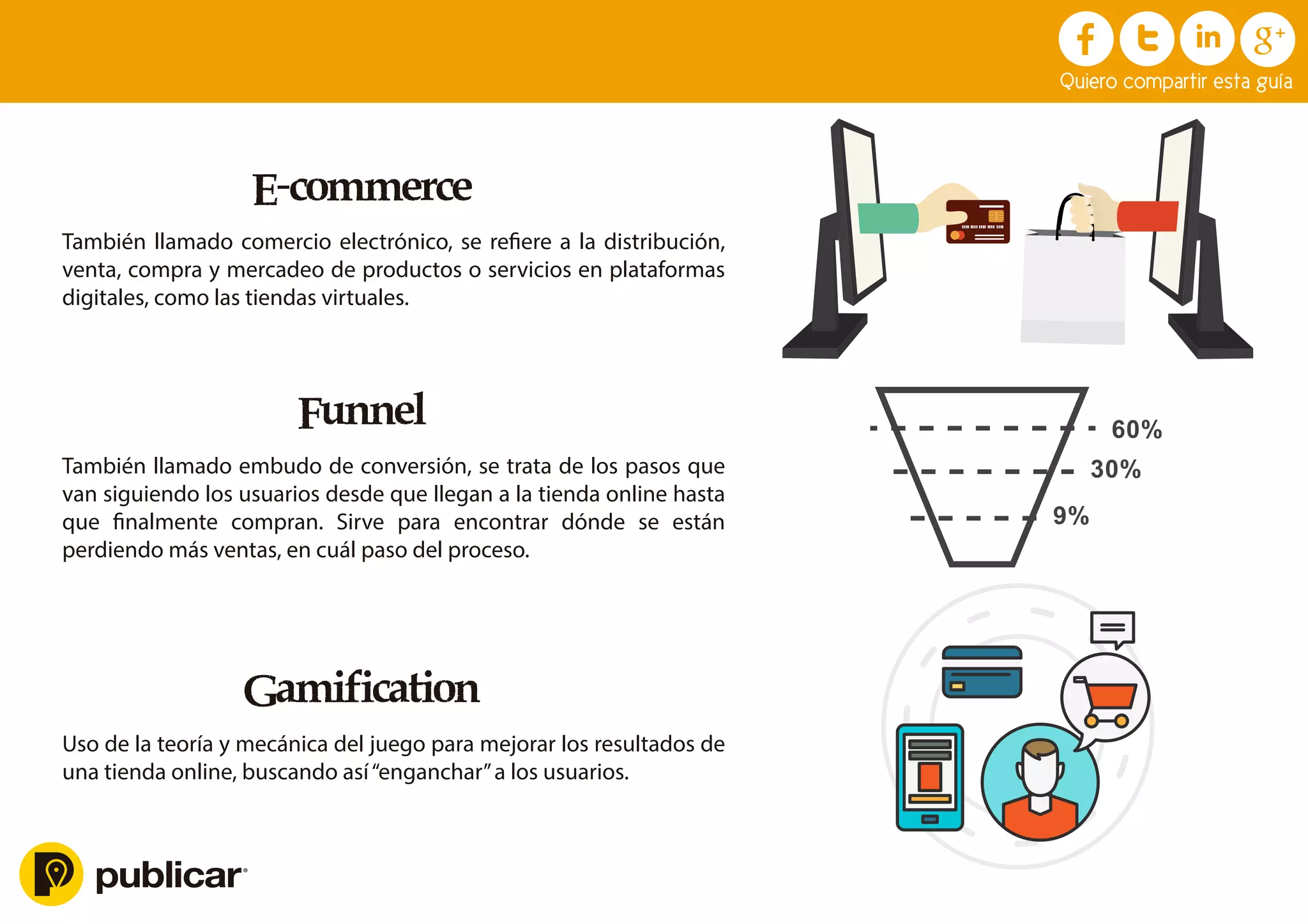 Funnel
También llamado embudo de conversión, se trata de los pasos que
van siguiendo los usuarios desde que llegan a la tienda online hasta
que ﬁnalmente compran. Sirve para encontrar dónde se están
perdiendo más ventas, en cuál paso del proceso.
Gamification
Uso de la teoría y mecánica del juego para mejorar los resultados de
una tienda online, buscando así“enganchar”a los usuarios.
E-commerce
También llamado comercio electrónico, se reﬁere a la distribución,
venta, compra y mercadeo de productos o servicios en plataformas
digitales, como las tiendas virtuales.
60%
30%
9%
Quiero compartir esta guía
 