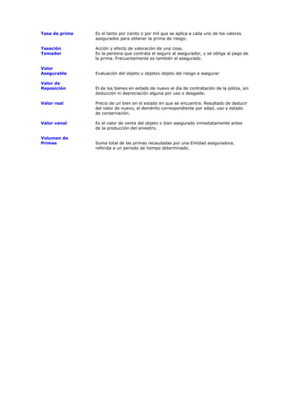 Tasa de prima   Es el tanto por ciento o por mil que se aplica a cada uno de los valores
                asegurados para obtener la prima de riesgo.

Tasación        Acción y efecto de valoración de una cosa.
Tomador         Es la persona que contrata el seguro al asegurador, y se obliga al pago de
                la prima. Frecuentemente es también el asegurado.

Valor
Asegurable      Evaluación del objeto u objetos objeto del riesgo a asegurar

Valor de
Reposición      El de los bienes en estado de nuevo el día de contratación de la póliza, sin
                deducción ni depreciación alguna por uso o desgaste.

Valor real      Precio de un bien en el estado en que se encuentra. Resultado de deducir
                del valor de nuevo, el demérito correspondiente por edad, uso y estado
                de conservación.

Valor venal     Es el valor de venta del objeto o bien asegurado inmediatamente antes
                de la producción del siniestro.

Volumen de
Primas          Suma total de las primas recaudadas por una Entidad aseguradora,
                referida a un periodo de tiempo determinado.
 