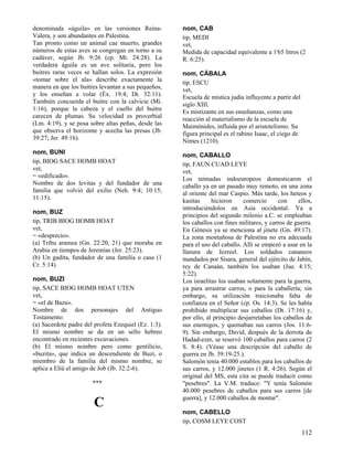 denominada «águila» en las versiones ReinaValera, y son abundantes en Palestina.
Tan pronto como un animal cae muerto, grandes
números de estas aves se congregan en torno a su
cadáver, según Jb. 9:26 (cp. Mt. 24:28). La
verdadera águila es un ave solitaria, pero los
buitres raras veces se hallan solos. La expresión
«tomar sobre el ala» describe exactamente la
manera en que los buitres levantan a sus pequeños,
y los enseñan a volar (Éx. 19:4; Dt. 32:11).
También concuerda el buitre con la calvicie (Mi.
1:16), porque la cabeza y el cuello del buitre
carecen de plumas. Su velocidad es proverbial
(Lm. 4:19), y se posa sobre altas peñas, desde las
que observa el horizonte y acecha las presas (Jb.
39:27; Jer. 49:16).

nom, CAB
tip, MEDI
vet,
Medida de capacidad equivalente a 1'65 litros (2
R. 6:25).

nom, BUNI
tip, BIOG SACE HOMB HOAT
vet,
= «edificado».
Nombre de dos levitas y del fundador de una
familia que volvió del exilio (Neh. 9:4; 10:15;
11:15).

nom, CABALLO
tip, FAUN CUAD LEYE
vet,
Los nómadas indoeuropeos domesticaron el
caballo ya en un pasado muy remoto, en una zona
al oriente del mar Caspio. Más tarde, los heteos y
kasitas
hicieron
comercio
con
ellos,
introduciéndolos en Asia occidental. Ya a
principios del segundo milenio a.C. se empleaban
los caballos con fines militares, y carros de guerra.
En Génesis ya se menciona al jinete (Gn. 49:17).
La zona montañosa de Palestina no era adecuada
para el uso del caballo. Allí se empezó a usar en la
llanura de Jezreel. Los soldados cananeos
mandados por Sísara, general del ejército de Jabín,
rey de Canaán, también los usaban (Jue. 4:15;
5:22).
Los israelitas los usaban solamente para la guerra,
ya para arrastrar carros, o para la caballería; sin
embargo, su utilización traicionaba falta de
confianza en el Señor (cp. Os. 14:3). Se les había
prohibido multiplicar sus caballos (Dt. 17:16) y,
por ello, al principio desjarretaban los caballos de
sus enemigos, y quemaban sus carros (Jos. 11:69). Sin embargo, David, después de la derrota de
Hadad-ezer, se reservó 100 caballos para carros (2
S. 8:4). (Véase una descripción del caballo de
guerra en Jb. 39:19-25.).
Salomón tenía 40.000 establos para los caballos de
sus carros, y 12.000 jinetes (1 R. 4:26). Según el
original del MS, esta cita se puede traducir como
"pesebres". La V.M. traduce: "Y tenía Salomón
40.000 pesebres de caballos para sus carros [de
guerra], y 12.000 caballos de montar".

nom, BUZ
tip, TRIB BIOG HOMB HOAT
vet,
= «desprecio».
(a) Tribu aramea (Gn. 22:20, 21) que moraba en
Arabia en tiempos de Jeremías (Jer. 25:23).
(b) Un gadita, fundador de una familia o casa (1
Cr. 5:14).
nom, BUZI
tip, SACE BIOG HOMB HOAT UTEN
vet,
= «el de Bazu».
Nombre de dos personajes del Antiguo
Testamento:
(a) Sacerdote padre del profeta Ezequiel (Ez. 1:3).
El mismo nombre se da en un sello hebreo
encontrado en recientes excavaciones.
(b) El mismo nombre pero como gentilicio,
«buzita», que indica un descendiente de Buzi, o
miembro de la familia del mismo nombre, se
aplica a Eliú el amigo de Job (Jb. 32:2-6).
***

C

nom, CÁBALA
tip, ESCU
vet,
Escuela de mística judía influyente a partir del
siglo XIII.
Es mistizante en sus enseñanzas, como una
reacción al materialismo de la escuela de
Maimónides, influida por el aristotelismo. Su
figura principal es el rabino Isaac, el ciego de
Nimes (1210).

nom, CABELLO
tip, COSM LEYE COST

112

 