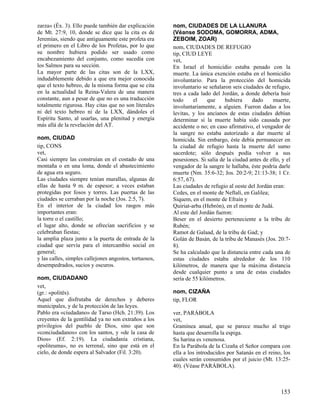 zarza» (Éx. 3). Ello puede también dar explicación
de Mt. 27:9, 10, donde se dice que la cita es de
Jeremías, siendo que antiguamente este profeta era
el primero en el Libro de los Profetas, por lo que
su nombre hubiera podido ser usado como
encabezamiento del conjunto, como sucedía con
los Salmos para su sección.
La mayor parte de las citas son de la LXX,
indudablemente debido a que era mejor conocida
que el texto hebreo, de la misma forma que se cita
en la actualidad la Reina-Valera de una manera
constante, aun a pesar de que no es una traducción
totalmente rigurosa. Hay citas que no son literales
ni del texto hebreo ni de la LXX, dándoles el
Espíritu Santo, al usarlas, una plenitud y energía
más allá de la revelación del AT.
nom, CIUDAD
tip, CONS
vet,
Casi siempre las construían en el costado de una
montaña o en una loma, donde el abastecimiento
de agua era seguro.
Las ciudades siempre tenían murallas, algunas de
ellas de hasta 9 m. de espesor; a veces estaban
protegidas por fosos y torres. Las puertas de las
ciudades se cerraban por la noche (Jos. 2:5, 7).
En el interior de la ciudad los rasgos más
importantes eran:
la torre o el castillo;
el lugar alto, donde se ofrecían sacrificios y se
celebraban fiestas;
la amplia plaza junto a la puerta de entrada de la
ciudad que servía para el intercambio social en
general;
y las calles, simples callejones angostos, tortuosos,
desempedrados, sucios y oscuros.
nom, CIUDADANO
vet,
(gr.: «politës).
Aquel que disfrutaba de derechos y deberes
municipales, y de la protección de las leyes.
Pablo era «ciudadano» de Tarso (Hch. 21:39). Los
creyentes de la gentilidad ya no son extraños a los
privilegios del pueblo de Dios, sino que son
«conciudadanos» con los santos, y «de la casa de
Dios» (Ef. 2:19). La ciudadanía cristiana,
«politeuma», no es terrenal, sino que está en el
cielo, de donde espera al Salvador (Fil. 3:20).

nom, CIUDADES DE LA LLANURA
(Véanse SODOMA, GOMORRA, ADMA,
ZEBOIM, ZOAR)
nom, CIUDADES DE REFUGIO
tip, CIUD LEYE
vet,
En Israel el homicidio estaba penado con la
muerte. La única exención estaba en el homicidio
involuntario. Para la protección del homicida
involuntario se señalaron seis ciudades de refugio,
tres a cada lado del Jordán, a donde debería huir
todo
el
que
hubiera
dado
muerte,
involuntariamente, a alguien. Fueron dadas a los
levitas, y los ancianos de estas ciudades debían
determinar si la muerte había sido causada por
accidente o no; en caso afirmativo, el vengador de
la sangre no estaba autorizado a dar muerte al
homicida. Sin embargo, éste debía permanecer en
la ciudad de refugio hasta la muerte del sumo
sacerdote; sólo después podía volver a sus
posesiones. Si salía de la ciudad antes de ello, y el
vengador de la sangre le hallaba, éste podría darle
muerte (Nm. 35:6-32; Jos. 20:2-9; 21:13-38; 1 Cr.
6:57, 67).
Las ciudades de refugio al oeste del Jordán eran:
Cedes, en el monte de Neftalí, en Galilea;
Siquem, en el monte de Efraín y
Quiriat-arba (Hebrón), en el monte de Judá.
Al este del Jordán fueron:
Beser en el desierto perteneciente a la tribu de
Rubén;
Ramot de Galaad, de la tribu de Gad; y
Golán de Basán, de la tribu de Manasés (Jos. 20:78).
Se ha calculado que la distancia entre cada una de
estas ciudades estaba alrededor de los 110
kilómetros, de manera que la máxima distancia
desde cualquier punto a una de estas ciudades
sería de 55 kilómetros.
nom, CIZAÑA
tip, FLOR
ver, PARÁBOLA
vet,
Gramínea anual, que se parece mucho al trigo
hasta que desarrolla la espiga.
Su harina es venenosa.
En la Parábola de la Cizaña el Señor compara con
ella a los introducidos por Satanás en el reino, los
cuales serán consumidos por el juicio (Mt. 13:2540). (Véase PARÁBOLA).

153

 