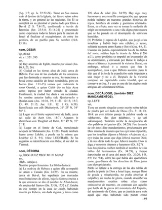 (Ap. 3:7; cp. Is. 22:22-24). Tiene en Sus manos
todo el destino de la Iglesia, del futuro reino sobre
la tierra, y en general de las naciones. En Él se
cumplirá en su plenitud el pacto dado por Dios a
David (2 S. 7:8-17), confirmado a través de
Jeremías (Jer. 23:5-8; 33:14-21) y presentado
como esperanza todavía futura para la nación de
Israel al finalizar el recogimiento, de entre los
gentiles, de un pueblo para Su nombre (Hch.
15:16).
nom, DEBIR
tip, REGI
sit, a1, 521, 395
vet,
(a) Rey amorreo de Eglób, muerto por Josué (Jos.
10:3, 23, 26).
(b) Ciudad en las tierras altas de Judá cerca de
Hebrón. Fue una de las ciudades de los amorreos
que fue destruida y muerto su rey. Se menciona a
Josué como caudillo de Israel tomándola, pero en
Jueces (Jue. 1:11-15) vemos que realmente la
tomó Otoniel, a quien Caleb dio su hija Acsa
como esposa por haber tomado la ciudad.
Finalmente, la ciudad fue dada a los sacerdotes.
Su nombre anterior había sido Quiriat-sefer o
Quiriat-sana (Jos. 10:38, 39; 11:21; 12:13; 15:7,
15, 49; 21:15; Jue. 1:11, 12; 1 Cr. 6:58).
Identificada con edh Dhaheriyeh, 31° 25' N, 34°
58" E.
(c) Lugar en el límite septentrional de Judá, cerca
del valle de Acor (Jos. 15:7). Algunos lo
identifican con Thoghret ed Debr, 31° 49' N, 35°
21' E.
(d) Lugar en el límite de Gad, mencionado
después de Mahanaim (Jos. 13:26). Puede también
leerse como Lidebir, y puede ser la misma que
Lodebar (2 S. 9:4, véase LODEBAR). Se ha
sugerido su identificación con Ibdar, al sur del río
Yarmuk.
nom, DÉBORA
tip, BIOG JUEZ PROF MUJE MUAT
vet,
(Heb., «abeja»).
Nombre propio femenino. La Biblia destaca:
(a) La nodriza de Rebeca a quien ella acompañó
de Aram a Canaán (Gn. 24:59). En su muerte,
cerca de Bet-el, fue sepultada con marcadas
manifestaciones de afecto, bajo la famosa encina a
la que entonces se dio el nombre de Allon-bacut,
«la encina del llanto» (Gn. 35:8), 1732 a.C. Estaba
en ese tiempo en la casa de Jacob, habiendo
muerto ya Rebeca, sin duda alguna, y tenía como

120 años de edad (Gn. 24:59). Hay algo muy
hermoso en esta sencilla consignación, que apenas
podría hallarse en nuestras grandes historias de
reyes, hombres de estado y guerreros afamados.
Éstos, en efecto, rara vez se toman la molestia de
erigir un monumento a una vida digna pero oscura
que se ha pasado en el desempeño de servicios
humildes.
(b) Profetisa y esposa de Lapidot, que juzgó a los
israelitas y habitó bajo una célebre, y acaso,
solitaria palmera entre Rama y Bet-el (Jue. 4:4, 5).
Cuando los judíos, especialmente los de las tribus
del norte, sufrían bajo la tiranía de Jabín (1296
a.C.), como profetisa se empeñó en levantarlos de
su abatimiento, y enviando por Barac lo indujo a
atacar a Sísara y le prometió la victoria. Barac, sin
embargo, rehusó ir a menos que ésta le
acompañase, cosa a que Débora accedió; pero le
dijo que el éxito de la expedición sería imputado a
una mujer y no a él. Después de la victoria
compuso un espléndido canto triunfal, que se
conserva en Jue. 5 y que es una de las páginas más
antiguas de la literatura bíblica.
nom, DECÁLOGO, (también DIEZ
MANDAMIENTOS).
tip, LEYE
vet,
Tiene un puesto singular como escrito sobre tablas
de piedra por «el dedo de Dios» (Éx. 31:18; Dt.
10:4: en este último pasaje la palabra usada es
«debarim», «las diez palabras», y de ahí
«decálogo»). También recibe la designación de
«las palabras del pacto» (Éx. 34:28). Fue después
de oír estos diez mandamientos, proclamados por
Dios mismo de manera que los oyó todo el pueblo,
que los israelitas dijeron a Moisés: «Acércate tú, y
oye todas las cosas que diga Jehová nuestro Dios;
y tú nos dirás todo lo que Jehová nuestro Dios te
diga, y nosotros oiremos y haremos» (Dt. 5:27).
Las dos piedras reciben también el nombre de «las
tablas del testimonio» (Éx. 34:29), y fueron
depositadas en el arca del pacto (Éx. 20:20; 1 R.
8:9; He. 9:4), sobre las que había dos querubines
como guardianes de los derechos de Dios junto
con el propiciatorio.
Pablo se refiere a la entrega de las dos tablas de
piedra de parte de Dios a Israel (que, aunque lleno
de gracia y misericordia, no podía absolver al
culpable), en medio de gloria, cuando describe los
mandamientos escritos sobre ellas como
«ministerio de muerte», en contraste con aquello
que habla de la gloria del ministerio del Espíritu,
del testimonio de Cristo, que es justicia para todo
aquel que cree, habiendo sido puesto como

189

 