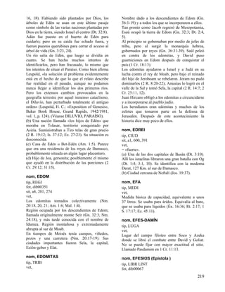 16, 18). Habiendo sido plantados por Dios, los
árboles de Edén se usan en este último pasaje
como símbolo de las varias naciones plantadas por
Dios en la tierra, siendo Israel el centro (Dt. 32:8).
Adán fue puesto en el huerto de Edén para
cuidarlo; pero en su caída fue echado fuera, y
fueron puestos querubines para cerrar el acceso al
árbol de vida (Gn. 3:23, 24).
Un río salía de Edén, que luego se dividía en
cuatro. Se han hecho muchos intentos de
identificarlos, pero han fracasado, lo mismo que
los intentos de situar el Paraíso. Como bien afirma
Leupold, «la solución al problema evidentemente
está en el hecho de que lo que el relato describe
fue realidad en el pasado, aunque no podamos
nunca llegar a identificar los dos primeros ríos.
Pero los extensos cambios provocados en la
geografía terrestre por aquel inmenso cataclismo,
el Diluvio, han perturbado totalmente el antiguo
orden» (Leupold, H. C.: «Exposition of Genesis»,
Baker Book House, Grand Rapids, 1942/1981,
vol. 1, p. 124). (Véanse DILUVIO, PARAÍSO).
(b) Una nación llamada «los hijos de Edén» que
moraba en Telasar, territorio conquistado por
Asiria. Suministraban a Tiro telas de gran precio
(2 R. 19:12; Is. 37:12; Ez. 27:23). Su situación es
desconocida.
(c) Casa de Edén o Bet-Edén (Am. 1:5). Parece
que era una residencia de los reyes de Damasco,
probablemente situada en algún lugar placentero.
(d) Hijo de Joa, gersonita; posiblemente el mismo
que ayudó en la distribución de las porciones (2
Cr. 29:12; 31:15).
nom, EDOM
tip, REGI
fot, dib00351
sit, a8, 201, 274
vet,
Los edomitas tomados colectivamente (Nm.
20:18, 20, 21; Am. 1:6; Mal. 1:4).
Región ocupada por los descendientes de Edom;
llamada originalmente monte Seir (Gn. 32:3; Nm.
24:18), y más tarde conocida con el nombre de
Idumea. Región montañosa y extremadamente
abrupta al sur de Moab.
En tiempos de Moisés tenía campos, viñedos,
pozos y una carretera (Nm. 20:17-19). Sus
ciudades importantes fueron Sela, la capital,
Ezión-geber y Elat.
nom, EDOMITAS
tip, TRIB
vet,

Nombre dado a los descendientes de Edom (Gn.
36:1-19) y a todos los que se incorporaron a ellos.
Tan pronto como Jacob regresó de Mesopotamia,
Esaú ocupó la tierra de Edom (Gn. 32:3; Dt. 2:4,
5).
Al principio se gobernaban por medio de jefes de
tribu, pero al surgir la monarquía hebrea,
gobernados por reyes (Gn. 36:31-39). Saúl peleó
en contra de los edomitas, y David puso
guarniciones en Edom después de conquistar el
país (1 Cr. 18:13).
Los edomitas ayudaron a Israel y a Judá en su
lucha contra el rey de Moab, pero bajo el reinado
del hijo de Jeroboam se rebelaron. Joram no pudo
dominarlos (2 R. 8:20-22); Amasías lo logró en el
valle de la Sal y tomó Sela, la capital (2 R. 14:7; 2
Cr. 25:11, 12).
Juan Hircano obligó a los edomitas a circuncidarse
y a incorporarse al pueblo judío.
Los herodianos eran edomitas y muchos de los
zelotes que tomaron parte en la defensa de
Jerusalén. Después de este acontecimiento la
historia dice muy poco de ellos.
nom, EDREI
tip, CIUD
sit, a1, 600, 391
vet,
= «fuerte».
(a) Una de las dos capitales de Basán (Dt. 3:10).
Allí los israelitas libraron una gran batalla con Og
(Dt. 1:4; 3:1, 10). Se identifica con la moderna
Derat, 127 Km. al sur de Damasco.
(b) Ciudad cercana de Neftalí (Jos. 19:37).
nom, EFA
tip, MEDI
vet,
Medida básica de capacidad, equivalente a unos
37 litros. Se usaba para áridos. Equivalía al bato,
que se usaba para líquidos (Éx. 16:36; Rt. 2:17; 1
S. 17:17; Ez. 45:11).
nom, EFES-DAMÍN
tip, LUGA
vet,
Lugar del campo filisteo entre Soco y Azeka
donde se libró el combate entre David y Goliat.
No se puede fijar con mayor exactitud el sitio.
Llamado Pasdamim en 1 Cr. 11:13.
nom, EFESIOS (Epístola )
tip, LIBR LINT
fot, dib00067

219

 