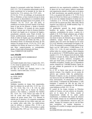 durante la monarquía unida bajo Salomón (1 R.
8:65; 2 Cr. 7:8). Es asimismo mencionado como el
límite meridional de la heredad de los hijos de
Israel en Jos. 15:4, «arroyo», Jos. 15:47, «río».
(C) En Gn. 15:18, sin embargo, en la promesa de
Dios a Abraham, se hace mención de que la tierra
que poseería su descendencia se extendería desde
«el río (nahar) de Egipto hasta el río grande, el río
Éufrates». En Éx. 23:31, por otra parte, se
establecen los límites de Israel «desde el mar Rojo
hasta el mar de los filisteos, y desde el desierto
hasta el Éufrates». El examen de estos pasajes
conduce a pensar que si bien la frontera histórica
de Israel con Egipto era el «torrente de Egipto»,
actualmente conocido como Wadi el-Arish, los
límites proféticamente prometidos se extienden
desde el nahar de Egipto, que muy probablemente
es el brazo pelusíaco del Delta del Nilo, y que
desemboca frente a la Península del Sinaí; de esta
manera, los pasajes de Gn. 15:18 y Éx. 23:31, que
establecen los límites de Israel en el Nilo y en el
mar Rojo. respectivamente, se corresponden,
dando a Israel toda la Península del Sinaí.
Véase TORRENTE DE EGIPTO.
nom, EGLÓN
tip, CIUD BIOG REYE HOMB HOAT
sit, a3, 162, 229
vet,
(a) Ciudad situada entre Gaza y Laquis (Jos. 10:3,
5, 23); Josué la capturó (Jos. 10:36, 37; 12:12); se
le asignó a Judá (Jos. 15:39).
(b) Rey de Moab que arrebató Jericó a los
israelitas. Aod lo mató (Jue. 3:12-21).
nom, EJÉRCITO
tip, EJER ANGE
fot, dib00019
vet,
(a) EJÉRCITO.
Soldados reunidos en tropas bien organizadas,
bajo las órdenes de un jefe (Gn. 21:22; Jue. 4:2;
Éx. 7:4; 12:41; Nm. 2:3; 1 R. 2:5). Se debe
recordar que Israel era la hueste de Jehová,
puestos a Sus órdenes, y peleando Sus batallas
(Éx. 12:41; Jos. 5:14). Parece que todos los de
más de veinte años eran considerados como
capaces de portar armas (Nm. 1:3). Durante la
marcha por el desierto y la conquista acampaban
en cuatro divisiones de tres tribus cada una, con
un capitán sobre cada tribu. Las subdivisiones
eran en millares y centenas (Nm. 31:14) y en
familias (Jos. 7:17). Había convocatorias a golpe
de trompeta (Nm. 10:9; cp. 1 Co. 14:8), y toda la

apariencia de una organización cuidadosa. Hasta
la época de los reyes parece haberse mantenido
esta organización natural o tribal, pero en la época
de Saúl encontramos una guardia personal (1 S.
13:2), y un general del ejército (1 S. 17:55). En la
época de David los héroes que se hallaban con él
en la cueva de Adulam formaron el núcleo de sus
«valientes» (2 S. 23:8-39). Estaban dedicados al
servicio del rey puesto por Dios. Más tarde, David
organizó una milicia de 24.000 hombres bajo 12
capitanes (1 Cr. 27:1-15).
La graduación general iba desde soldados,
hombres de guerra, «criados» de Salomón,
capitanes, comandantes de carros, y gentes de a
caballo (1 R. 9:22). Puede señalarse que, al haber
sido prohibidos los caballos (Dt. 17:16), no fue
sino hasta la época de Salomón que se organizó la
caballería, aunque David se había reservado
caballos para cien carros del despojo de los sirios
(2 S. 8:4). Salomón, comerciando con Egipto (1 R.
10:28, 29) aumentó su cantidad hasta que la fuerza
llegó a ser de 1.400 carros y 12.000 jinetes (1 R.
10:26; 2 Cr. 1:14). Al estar sometidos a servicio
militar todos los varones capaces, David disponía
de un ejército de 1.570.000 hombres «que sacaban
espada» (1 Cr. 21:5). Después de la división, Judá,
durante el reinado de Abías, disponía de 400.000
«hombres de guerra, valerosos, escogidos», en
tanto que Israel tenía, al mismo tiempo, 800.000
«hombres escogidos»; Josafat, que se engrandeció
mucho, disponía de 1.160.000 hombres, aparte de
los que estaban de guarnición en las ciudades
fortificadas.
En el NT se hacen unas pocas referencias al
ejército romano. Una «legión» era un cuerpo de
ejército que contenía todas las graduaciones.
Durante el imperio, no era, en números redondos,
una fuerza de más de 6.000 hombres. Cada legión
tenía, teóricamente, 10 cohortes de 600 hombres;
cada cohorte, 3 manípulos de 200 hombres; y cada
manípulo 2 centurias de 100. De ahí viene el
nombre centurión o comandante de 100 hombres
como hallamos en Hch. 10:1, 22, etc.
El cuartel de las tropas romanas en Palestina
estaba en Cesarea, con una cohorte en Jerusalén;
pero en la época de la fiesta, cuando el
temperamento rebelde de los judíos podía
manifestarse, se hallaban más tropas de refuerzo
en la ciudad, aunque sin sus emblemas del águila,
etc., que eran especialmente ofensivos para los
judíos. Aunque los romanos eran la vara de Dios
para castigarlos, no estaban dispuestos a
humillarse ni a recibir el castigo como proveniente
del Señor.
(b) EJÉRCITO DE LOS CIELOS

231

 