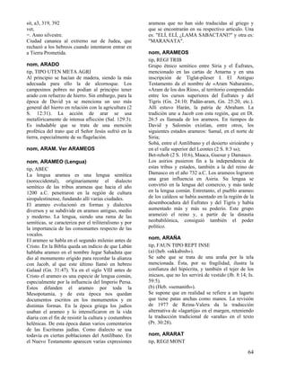 sit, a3, 319, 392
vet,
=. Asno silvestre.
Ciudad cananea al extremo sur de Judea, que
rechazó a los hebreos cuando intentaron entrar en
a Tierra Prometida.
nom, ARADO
tip, TIPO UTEN META AGRI
Al principio se hacían de madera, siendo la más
adecuada para ello la de alcornoque. Los
campesinos pobres no podían al principio tener
arado con refuerzo de hierro. Sin embargo, para la
época de David ya se menciona un uso más
general del hierro en relación con la agricultura (2
S. 12:31). La acción de arar se usa
metafóricamente de intensa aflicción (Sal. 129:3).
Es indudable que se trata de una mención
profética del trato que el Señor Jesús sufrió en la
tierra, especialmente de su flagelación.
nom, ARAM. Ver ARAMEOS
nom, ARAMEO (Lengua)
tip, ABEC
La lengua aramea es una lengua semítica
(noroccidental), originariamente el dialecto
semítico de las tribus arameas que hacia el año
1200 a.C. penetraron en la región de cultura
siropalestinense, fundando allí varias ciudades.
El arameo evolucionó en formas y dialectos
diversos y se subdivide en arameo antiguo, medio
y moderno. La lengua, siendo una rama de las
semíticas, se caracteriza por el triliteralismo y por
la importancia de las consonantes respecto de las
vocales.
El arameo se habla en el segundo milenio antes de
Cristo. En la Biblia queda un indicio de que Labán
hablaba arameo en el nombre Jegar Sahaduta que
dio al monumento erigido para recordar la alianza
con Jacob, al que este último llamó en hebreo
Galaad (Gn. 31:47). Ya en el siglo VIII antes de
Cristo el arameo es una especie de lengua común,
especialmente por la influencia del Imperio Persa.
Éstos difunden el arameo por toda la
Mesopotamia, y de esta época nos quedan
documentos escritos en los monumentos y en
distintas formas. En la época griega los judíos
usaban el arameo y lo intensificaron en la vida
diaria con el fin de resistir la cultura y costumbres
helénicas. De esta época datan varios comentarios
de las Escrituras judías. Como dialecto se usa
todavía en ciertas poblaciones del Antilíbano. En
el Nuevo Testamento aparecen varias expresiones

arameas que no han sido traducidas al griego y
que se encontrarán en su respectivo artículo. Una
es: "ELÍ, ELÍ, ¿LAMA SABACTANI?" y otra es:
"MARANATA".
nom, ARAMEOS
tip, REGI TRIB
Grupo étnico semítico entre Siria y el Éufrates,
mencionado en las cartas de Amarna y en una
inscripción de Tiglat-pileser I. El Antiguo
Testamento da el nombre de «Aram Naharaim»,
«Aram de los dos Ríos», al territorio comprendido
entre los cursos superiores del Éufrates y del
Tigris (Gn. 24:10; Padán-aram, Gn. 25:20, etc.).
Allí estuvo Harán, la patria de Abraham. La
tradición une a Jacob con esta región, que en Dt.
26:5 es llamada de los arameos. En tiempos de
David y Salomón existían, entre otros, los
siguientes estados arameos: Samal, en el norte de
Siria;
Sobá, entre el Antilíbano y el desierto sirioárabe y
en el valle superior del Leontes (2 S. 8:3 ss);
Bet-rehob (2 S. 10:6), Maaca, Guesur y Damasco.
Los asirios pusieron fin a la independencia de
estas tribus y estados, también a la del reino de
Damasco en el año 732 a.C. Los arameos lograron
una gran influencia en Asiria. Su lengua se
convirtió en la lengua del comercio, y más tarde
en la lengua común. Entretanto, el pueblo arameo
de los caldeos se había asentado en la región de la
desembocadura del Éufrates y del Tigris y había
aumentado más y más su poderío. Este grupo
arameizó el reino y, a partir de la dinastía
neobabilónica, consiguió también el poder
político.
nom, ARAÑA
tip, FAUN TIPO REPT INSE
(a) (heb. «akkabish»).
Se sabe que se trata de una araña por la tela
mencionada. Ésta, por su fragilidad, ilustra la
confianza del hipócrita, y también el tejer de los
inicuos, que no les servirá de vestido (Jb. 8:14; Is.
59:5).
(b) (Heb. «semanith»).
Se supone que en realidad se refiere a un lagarto
que tiene patas anchas como manos. La revisión
de 1977 de Reina-Valera da la traducción
alternativa de «lagartija» en el margen, reteniendo
la traducción tradicional de «araña» en el texto
(Pr. 30:28).
nom, ARARAT
tip, REGI MONT

64

 