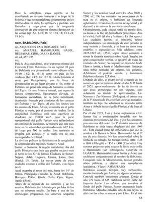 Dios: la antiiglesia, cuyo espíritu se ha
manifestado en diversas maneras a lo largo de la
historia, y que se materializará abiertamente en los
últimos días. El cielo, los apóstoles y profetas, son
llamados a regocijarse por la asegurada
destrucción de este seductor sistema destructor de
las almas (cp. Ap. 14:8; 16:19; 17:1-18; 18:1-24;
19:1-3).
nom, BABILONIA (País)
tip, ARQU CONS PAIS DIOS ABEC HIST
ver, AMRAFEL, HAMMURABI, BABEL,
BELSASAR, CIRO, DARÍO, DANIEL
sit, a4, 457, 215
vet,
País de Asia occidental, en el extremo oriental del
Creciente Fértil. Babilonia era su capital. El país
de Babilonia era denominado tanto «Sinar» (Gn.
10:10; 11:2; Is. 11:11) como «el país de los
caldeos» (Jer. 24:5; Ez. 12:13). Estaba limitado al
norte por Mesopotamia, con la línea de
demarcación en un lugar cercano a Hit, sobre el
Éufrates, un poco más abajo de Samarra, a orillas
del Tigris. Es una frontera natural, que separa la
llanura septentrional, ligeramente elevada, de
formación secundaria, de la parte meridional,
deprimida, formada por aluviones de las cuencas
del Éufrates y del Tigris. Al este, los límites son
los montes de Elam. Al sur, terminaba en el golfo
Pérsico; al oeste, por el desierto de Arabia. En la
antigüedad, Babilonia tenía una superficie de
alrededor de 65.000 km2, pero la parte
septentrional del golfo Pérsico está rellenándose
de continuo de aluviones, de manera que este país
tiene en la actualidad aproximadamente 692 Km.
de largo por 300 de ancho. Este territorio se
irrigaba con canales, y su suelo era de una
incomparable fertilidad.
La división política de Babilonia en la antigüedad
la constituían dos regiones: Sumer y Acad.
Sumer, o Sumeria, la región meridional, iba del
golfo Pérsico a una línea que pasaba un poco más
al norte de los 32° de latitud. Ciudades de Sumer:
Nippur, Adab, Lagasch, Umma, Larsa, Erec
(Uruk), Ur, Eridu. La mayor parte de estas
ciudades estaban a orillas del Éufrates, o no lejos
de él.
Acad ocupaba el resto del país, hasta los 34° de
latitud. Principales ciudades de Acad: Babilonia,
Borsippa, Dilbat, Kisch, Cutha, Opis, Sippar,
Agade (Acad).
Antes de la llegada de los sumerios y de los
semitas, Babilonia fue habitada por pueblos de los
que no sabemos mucho. En base a una de las
cronologías propuestas, los sumerios ocuparon

Sumer y los acadios Acad entre los años 3000 y
2500 a.C. De los sumerios no conocemos ni la
raza ni el origen, y hablaban un lenguaje
aglutinativo. Conocían el sistema sexagesimal y el
decimal, e inventaron la escritura cuneiforme.
Originalmente, cada ciudad tenía su propio dios,
su diosa, o su trío de divinidades protectoras: Anu
(el cielo); Enlil (el aire y la tierra); Ea (las aguas).
Las ciudades fueron, al principio, reinos
independientes. La cronología de este periodo es
muy incierta y discutida, y se basa en datos muy
endebles y especulativos. Más adelante, entre
2425-2245 a.C. (2550, según otros) comenzó a
reinar la dinastía semítica sobre Acad. Sargón, un
gran conquistador semita, se apoderó de todas las
ciudades de Sumer. Su imperio se extendió desde
Elam a Asiria, y hasta el Mediterráneo. Entonces
unas tribus nómadas de oriente, los gutienos,
debilitaron el poderío semita, y dominaron
Babilonia durante 125 años.
Después de ellos, el poder volvió a manos de los
sumerios, que lo tuvieron desde el año 2135 hasta
el 2025, aproximadamente. Se ha de insistir en
que estas cronologías no son seguras, sino
solamente un intento de aproximación. UrNammu o Zur-Nammu (Ur-Engur), el primer rey
de la 3ª dinastía de Ur, codificó las leyes sumerias;
también su hijo. Su soberanía se extendía sobre
Assur y Arbela hasta el golfo Pérsico, y de Susa al
Líbano.
Por el año 2025, Tsin y Larsa suplantaron a Ur.
Sumer fue a continuación invadida por los
elamitas provenientes del este, y por los amorreos
provenientes del oeste. La 1ª dinastía amorrea de
Babilonia se sitúa hacia alrededor del año 1900
a.C. Esta ciudad tomó tal importancia que dio su
nombre a la llanura de Sinar. Hammurabi fue el 6º
rey de esta dinastía. No hay unanimidad sobre la
fecha de su reinado. Se barajan fechas entre 1728
a 1686 (Albright) o 1455 a 1400 (Courville). Hay
razones poderosas para asignar la fecha más tardía
a Hammurabi (ver Bibliografía, Courville en
UGARIT). Hammurabi reunió Sumer y Acad, que
recibieron conjuntamente el nombre de Babilonia.
Conquistó toda la Mesopotamia, realizó grandes
obras públicas, y efectuó una recopilación
legislativa. (Véase HAMMURABI)
Babilonia conoció tiempos muy turbulentos,
siendo dominada por Asiria, en algunas ocasiones.
Conoció también invasiones arameas. Desde el
año 729 hasta el 625 Babilonia formó parte del
Imperio Asirio. Los caldeos, que moraban al
fondo del golfo Pérsico, fueron avanzando hacia
Babilonia. Merodac-baladán, uno de sus reyes, se
alió con las tribus arameas y con Elam. En el año

88

 