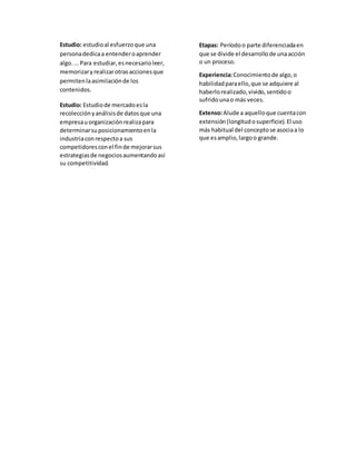 Estudio: estudioal esfuerzoque una
personadedicaa entenderoaprender
algo....Para estudiar,esnecesarioleer,
memorizaryrealizarotrasaccionesque
permitenlaasimilaciónde los
contenidos.
Estudio: Estudiode mercadoesla
recolecciónyanálisisde datosque una
empresauorganizaciónrealizapara
determinarsuposicionamientoenla
industriaconrespectoa sus
competidoresconel finde mejorarsus
estrategiasde negociosaumentandoasí
su competitividad.
Etapas: Períodoo parte diferenciadaen
que se divide el desarrollode unaacción
o un proceso.
Experiencia:Conocimientode algo,o
habilidadparaello,que se adquiere al
haberlorealizado,vivido,sentidoo
sufridounao más veces.
Extenso:Alude a aquelloque cuentacon
extensión(longitudosuperficie).El uso
más habitual del conceptose asociaa lo
que esamplio,largoo grande.
 