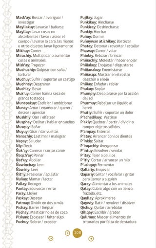 108
Mask’ay: Buscar / averiguar /
investigar
Mayllakuy: Lavarse / bañarse
Mayllay: Lavar cosas no
absorbentes / lavar / asear el
cuerpo / lavarse la cara, las manos
u otros objetos; lavar ligeramente
Mikhuy: Comer		
Mirachiy: Multiplicar o aumentar
cosas o animales
Misk’ay: Tropezar 		
Muchuchiy: Golpear con saña /
torturar
Muchuy: Sufrir / soportar un castigo
Muchhay: Desgranar
Much’ay: Besar 		
Muk’uy: Comer harina seca de
granos tostados 		
Munapakuy: Codiciar / ambicionar
Munay: Amar / enamorar / querer /
desear / apreciar		
Muskhiy: Oler / olfatear
Musphay: Delirar / hablar en sueños
Musquy: Soñar		
Muyuy: Girar / dar vueltas
Nanachiy: Lastimar / malograr
Napay: Saludar		
Niy: Decir 		
Ñak’ay: Carnear / cortar carne
Ñaqch’ay: Peinar
Ñat’uy: Abollar 		
Ñawinchay: Leer
Ñawiriy: Leer		
Ñit’iy: Presionar / aplastar
Ñuñuy: Mamar / lactar
Pallay: Recoger 		
Pantay: Equivocar / errar
Paray: Llover 		
Paskay: Desatar 		
Patmay: Dividir en dos o más
Pichay: Barrer / limpiar
Pijchay: Masticar hojas de coca
Pisiyay: Escasear / faltar algo
Puchuy: Sobrar / exceder
Pujllay: Jugar		
Punkikuy: Hincharse
Punkiray: Deshincharse
Punkiy: Hinchar		
Puñuy: Dormir		
Puñuywan atichikuy: Bostezar
Phatay: Detonar / reventar / estallar
Phaway: Correr / volar
Phinkiy: Retozar / brincar
Phiñachiy: Molestar / hacer enojar
Phiñakuy: Enojarse / disgustarse
Phiñanakuy: Enemistarse
Phiñasqa: Mostrar en el rostro
desazón o enojo
Phiñay: Enfadar / rabiar
Phukuy: Soplar 		
Phumpiy: Decolorarse por la acción
del sol		
Phurmuy: Rebalsar un líquido al
hervir 		
Phutiy: Sufrir / soportar un dolor
P’achallikuy: Vestirse
P’akiy: Quebrar / partir / dividir o
romper objetos sólidos
P’ampay: Enterrar 		
P’atay: Arrancar con los dientes
P’inkiy: Saltar 		
P’inqachiy: Avergonzar
P’intuy: Envolver / vendar
P’itay: Tejer a palillos
P’itiy: Cortar / arrancar un hilo
P’ushquy: Fermentar
Qallariy: Empezar
Qapariy: Gritar / vociferar / gritar
para llamar a alguien
Qaray: Alimentar a los animales
Qatay: Cubrir algo con un lienzo,
frazada, etc.		
Qayllay: Aproximarse
Qaywiy: Batir / revolver / disolver
Qichuy: Quitar / arrebatar
Qillqay: Escribir / grabar
Qullmuy: Mascar alimentos sin
triturarlos por falta de dentadura
diccionario_quechua_145_230.indd 108 14-01-2019 17:12:22
 