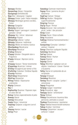 110
Qunqay: Olvidar 		
Qurpachay: Alojar / hospedar
Qurayasqa: Enmohecido
Quy: Dar / obsequiar / regalar
Qhaquy: Frotar / pulir / hacer masajes
Qhaquy: Restregar granos cocidos,
frotar
Qhasay: Congelar 		
Qhatatiy: Arrastrar
Qhatiy: Seguir / perseguir / conducir
ganado / arrear 		
Qhaway: Ver / mirar / observar
Qhillakuy: Flojear
Qhispichiy: Liberar / soltar
Qhispiy: Salvarse / redimirse
Qhunay: Moler en molino rústico
Qhushpakuy: Revolcarse
Qhushpay: Revolcar
Q’alluy: Rebanar 		
Q’apay: Exhalar / Despedir olor o
fragancia
Q’apiy: Amasar / Apretar con la
mano
Q’aspay: Soasar / Tostar levemente
Q’ayachay: Acariciar / mimar
Q’intiy: Encogerse por temor o frío
Q’uñichiy: Calentar / Entibiar líquido
Q’usniy: Humear 		
Rijch’akuy: Despertarse
Rijch’ay: Despertar
Rimay: Hablar / Expresarse
oralmente
Riqsiy: Conocer 		
Riy: Ir		
Ruphachiy: Quemar / Exponer ropa
al calor del sol
Rutuy: Cortar, especialmente el pelo
Ruway: Hacer 		
Samay: Descansar
Saqiy: Dejar / renunciar
Saqmay: Golpear a alguien con el
puño. 		
Saqsay: Hartar / saciar
Saruy: Pisar		
Sawakuy: Contraer matrimonio
Sayay: Parar / ponerse de pie /
detenerse		
Sayk’uy: Cansar / fatigar
Sillk’uy: Arañar / Rasguñar
superficialmente 		
Simp’ay: Trenzar 		
Siq’iy: Rayar / firmar
Siqsiy: Escocer / dar comezón /
picar / arder / dar picazón
Siray: Coser		
Sirisqa: Yacer / Estar echado
Siriy: Acostarse
Sukhay: Ordenar horizontalmente /
enfilar 		
Sunquchay: Consolar / alentar /
animar / inspirar
Suruy: Chorrear cualquier líquido
Sutichay: Nombrar
Sut’uy: Gotear 		
Suway: Robar / hurtar
Suyay: Esperar 		
Suysuy: Cernir
Takay: Martillar / golpear con un
objeto / machacar / clavar / llamar
a la puerta
Talliy: Vaciar el contenido de un
recipiente		
Tanqay: Empujar 		
Tantakuy: Reunirse
Tantay: Reunir / acopiar / juntar /
amontonar 		
Tapuy: Preguntar 		
Taripay: Juzgar / examinar
Tariy: Encontrar algo
Tawqay: Apilar / amontonar
Tijray: Voltear		
Tinkuy: Encontrarse /reunirse (dos
personas, animales o cosas)
Tiyakuy: Posesionarse / asentarse
Tiyay: Habitar/morar/residir/sentarse
Tukuy: Acabar / terminar
Tumpay: Calumniar / acusar /
achacar / culpar
diccionario_quechua_145_230.indd 110 14-01-2019 17:12:27
 