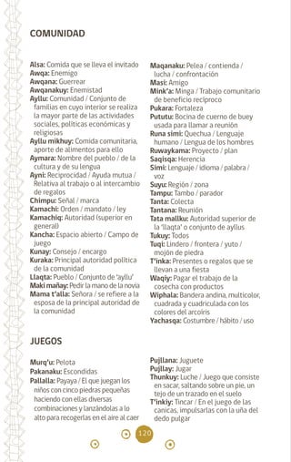 120
Alsa: Comida que se lleva el invitado
Awqa: Enemigo		
Awqana: Guerrear		
Awqanakuy: Enemistad
Ayllu: Comunidad / Conjunto de
familias en cuyo interior se realiza
la mayor parte de las actividades
sociales, políticas económicas y
religiosas
Ayllu mikhuy: Comida comunitaria,
aporte de alimentos para ello
Aymara: Nombre del pueblo / de la
cultura y de su lengua
Ayni: Reciprocidad / Ayuda mutua /
Relativa al trabajo o al intercambio
de regalos
Chimpu: Señal / marca
Kamachi: Orden / mandato / ley
Kamachiq: Autoridad (superior en
general)
Kancha: Espacio abierto / Campo de
juego		
Kunay: Consejo / encargo
Kuraka: Principal autoridad política
de la comunidad
Llaqta: Pueblo / Conjunto de ‘ayllu’
Maki mañay: Pedir la mano de la novia
Mama t’alla: Señora / se refiere a la
esposa de la principal autoridad de
la comunidad
Maqanaku: Pelea / contienda /
lucha / confrontación
Masi: Amigo		
Mink’a: Minga / Trabajo comunitario
de beneficio recíproco
Pukara: Fortaleza		
Pututu: Bocina de cuerno de buey
usada para llamar a reunión
Runa simi: Quechua / Lenguaje
humano / Lengua de los hombres
Ruwaykama: Proyecto / plan
Saqisqa: Herencia		
Simi: Lenguaje / idioma / palabra /
voz
Suyu: Región / zona
Tampu: Tambo / parador
Tanta: Colecta		
Tantana: Reunión		
Tata mallku: Autoridad superior de
la ‘llaqta’ o conjunto de ayllus
Tukuy: Todos		
Tuqi: Lindero / frontera / yuto /
mojón de piedra		
T’inka: Presentes o regalos que se
llevan a una fiesta		
Waqiy: Pagar el trabajo de la
cosecha con productos
Wiphala: Bandera andina, multicolor,
cuadrada y cuadriculada con los
colores del arcoíris
Yachasqa: Costumbre / hábito / uso
COMUNIDAD
Murq’u: Pelota		
Pakanaku: Escondidas
Pallalla: Payaya / El que juegan los
niños con cinco piedras pequeñas
haciendo con ellas diversas
combinaciones y lanzándolas a lo
alto para recogerlas en el aire al caer
Pujllana: Juguete		
Pujllay: Jugar		
Thunkuy: Luche / Juego que consiste
en sacar, saltando sobre un pie, un
tejo de un trazado en el suelo
T’inkiy: Tincar / En el juego de las
canicas, impulsarlas con la uña del
dedo pulgar
JUEGOS
diccionario_quechua_145_230.indd 120 14-01-2019 17:12:44
 