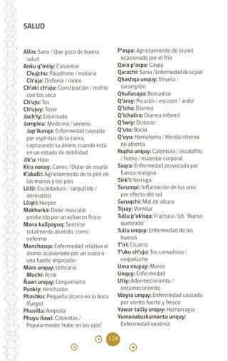 128
SALUD
Allin: Sano / Que goza de buena
salud
Anku q’intiy: Calambre		
Chujchu: Paludismo / malaria
Ch’aja: Disfonía / ronco
Ch’aki ch’uju: Constipación / resfrío
con tos seca
Ch’uju: Tos		
Ch’ujuy: Toser 		
Jach’iy: Estornudo
Jampina: Medicina / veneno
Jap’ikasqa: Enfermedad causada
por espíritus de la tierra,
capturando su ánimo cuando está
en un estado de debilidad
Jik’u: Hipo 		
Kiru nanay: Caries / Dolor de muela
K’akalli: Agrietamiento de la piel en
las manos y los pies
Llilli: Escaldadura / sarpullido /
dermatitis		
Lliqti: Herpes 		
Makhurka: Dolor muscular
producido por un esfuerzo físico
Mana kallpayuq: Sentirse
totalmente abatido, como
enfermo
Manchasqa: Enfermedad relativa al
ánimo ocasionado por un susto o
una fuerte impresión
Mara unquy: Urticaria 		
Muchi: Acné		
Ñawi unquy: Conjuntivitis
Punkiy: Hinchazón
Phashku: Pequeña úlcera en la boca
(fuego)
Phusillu: Ampolla		
Phuyu ñawi: Cataratas /
Popularmente ‘nube en los ojos’
P’aspa: Agrietamiento de la piel
ocasionado por el frío
Qara p’aspa: Caspa
Qarachi: Sarna/Enfermedaddelapiel
Qhashqa unquy: Viruela /
sarampión
Qhuñasapa: Romadizo
Q’aray: Picazón / escozor / ardor
Q’icha: Diarrea		
Q’ichalira: Diarrea infantil
Q’iwiy: Dislocar 		
Q’utu: Bocio		
Q’uyu: Hematoma / Herida interna
no abierta		
Rupha unquy: Calentura / escalofrío
/ fiebre / malestar corporal
Saqra: Enfermedad provocada por
fuerza maligna		
Sirk’i: Verruga 		
Surumpi: Inflamación de los ojos
por efecto del sol		
Suruqchi: Mal de altura
Tijray: Vomitar 		
Tullu p’akisqa: Fractura / Lit. ‘Hueso
quebrado’		
Tullu unquy: Enfermedad de los
huesos 		
T’iri: Cicatriz 		
T’uku ch’uju: Tos convulsiva /
coqueluche 		
Uma muyuy: Mareo
Unquy: Enfermedad
Utiy: Adormecimiento /
entumecimiento		
Wayra unquy: Enfermedad causada
por viento fuerte y fresco
Yawar talliy unquy: Hemorragia
Yumanakuskamanta unquy:
Enfermedad venérea		
diccionario_quechua_145_230.indd 128 14-01-2019 17:12:56
 