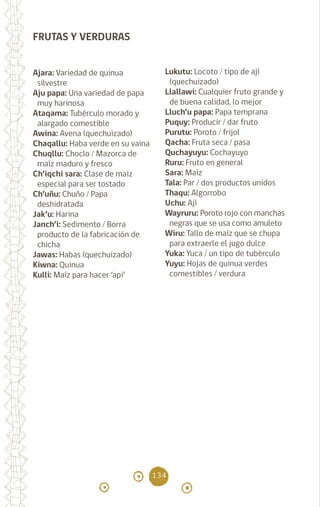 134
FRUTAS Y VERDURAS
Ajara: Variedad de quinua
silvestre
Aju papa: Una variedad de papa
muy harinosa		
Ataqama: Tubérculo morado y
alargado comestible
Awina: Avena (quechuizado)
Chaqallu: Haba verde en su vaina
Chuqllu: Choclo / Mazorca de
maíz maduro y fresco
Ch’iqchi sara: Clase de maíz
especial para ser tostado
Ch’uñu: Chuño / Papa
deshidratada
Jak’u: Harina		
Janch’i: Sedimento / Borra
producto de la fabricación de
chicha
Jawas: Habas (quechuizado)
Kiwna: Quinua		
Kulli: Maíz para hacer ‘api’
Lukutu: Locoto / tipo de ají
(quechuizado)
Llallawi: Cualquier fruto grande y
de buena calidad, lo mejor
Lluch’u papa: Papa temprana
Puquy: Producir / dar fruto
Purutu: Poroto / frijol
Qacha: Fruta seca / pasa
Quchayuyu: Cochayuyo
Ruru: Fruto en general
Sara: Maíz
Tala: Par / dos productos unidos
Thaqu: Algorrobo		
Uchu: Ají		
Wayruru: Poroto rojo con manchas
negras que se usa como amuleto
Wiru: Tallo de maíz que se chupa
para extraerle el jugo dulce
Yuka: Yuca / un tipo de tubérculo
Yuyu: Hojas de quinua verdes
comestibles / verdura
diccionario_quechua_145_230.indd 134 14-01-2019 17:13:04
 