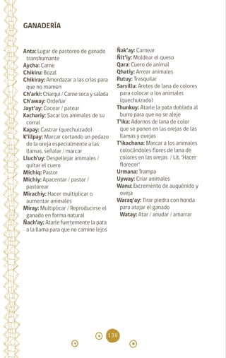 136
GANADERÍA
Anta: Lugar de pastoreo de ganado
transhumante
Aycha: Carne		
Chikiru: Bozal
Chikiray: Amordazar a las crías para
que no mamen
Ch’arki: Charqui / Carne seca y salada
Ch’away: Ordeñar		
Jayt’ay: Cocear / patear
Kachariy: Sacar los animales de su
corral
Kapay: Castrar (quechuizado)
K’illpay: Marcar cortando un pedazo
de la oreja especialmente a las
llamas, señalar / marcar
Lluch’uy: Despellejar animales /
quitar el cuero 		
Michiq: Pastor		
Michiy: Apacentar / pastar /
pastorear
Mirachiy: Hacer multiplicar o
aumentar animales		
Miray: Multiplicar / Reproducirse el
ganado en forma natural
Ñach’ay: Atarle fuertemente la pata
a la llama para que no camine lejos
Ñak’ay: Carnear 		
Ñit’iy: Moldear el queso
Qara: Cuero de animal
Qhatiy: Arrear animales
Rutuy: Trasquilar		
Sarsillu: Aretes de lana de colores
para colocar a los animales
(quechuizado)
Thunkuy: Atarle la pata doblada al
burro para que no se aleje
T’ika: Adornos de lana de color
que se ponen en las orejas de las
llamas y ovejas
T’ikachana: Marcar a los animales
colocándoles flores de lana de
colores en las orejas / Lit. ‘Hacer
florecer’
Urmana: Trampa		
Uyway: Criar animales		
Wanu: Excremento de auquénido y
oveja
Waraq’ay: Tirar piedra con honda
para atajar el ganado 		
Watay: Atar / anudar / amarrar
diccionario_quechua_145_230.indd 136 14-01-2019 17:13:08
 