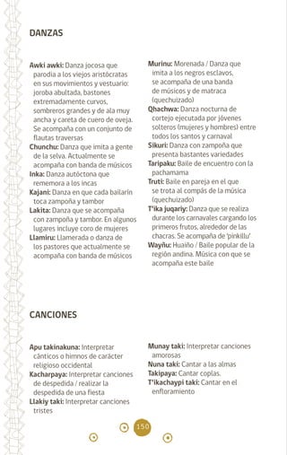 150
DANZAS
Awki awki: Danza jocosa que
parodia a los viejos aristócratas
en sus movimientos y vestuario:
joroba abultada, bastones
extremadamente curvos,
sombreros grandes y de ala muy
ancha y careta de cuero de oveja.
Se acompaña con un conjunto de
flautas traversas
Chunchu: Danza que imita a gente
de la selva. Actualmente se
acompaña con banda de músicos
Inka: Danza autóctona que
rememora a los incas
Kajani: Danza en que cada bailarín
toca zampoña y tambor
Lakita: Danza que se acompaña
con zampoña y tambor. En algunos
lugares incluye coro de mujeres
Llamiru: Llamerada o danza de
los pastores que actualmente se
acompaña con banda de músicos
CANCIONES
Apu takinakuna: Interpretar
cánticos o himnos de carácter
religioso occidental
Kacharpaya: Interpretar canciones
de despedida / realizar la
despedida de una fiesta
Llakiy taki: Interpretar canciones
tristes
Murinu: Morenada / Danza que
imita a los negros esclavos,
se acompaña de una banda
de músicos y de matraca
(quechuizado)
Qhachwa: Danza nocturna de
cortejo ejecutada por jóvenes
solteros (mujeres y hombres) entre
todos los santos y carnaval
Sikuri: Danza con zampoña que
presenta bastantes variedades
Taripaku: Baile de encuentro con la
pachamama
Truti: Baile en pareja en el que
se trota al compás de la música
(quechuizado)
T’ika juqariy: Danza que se realiza
durante los carnavales cargando los
primeros frutos, alrededor de las
chacras. Se acompaña de ‘pinkillu’
Wayñu: Huaiño / Baile popular de la
región andina. Música con que se
acompaña este baile
Munay taki: Interpretar canciones
amorosas
Nuna taki: Cantar a las almas
Takipaya: Cantar coplas.
T’ikachaypi taki: Cantar en el
enfloramiento
diccionario_quechua_145_230.indd 150 14-01-2019 17:13:30
 