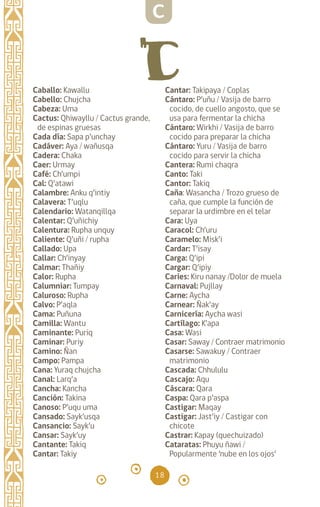 18
Caballo: Kawallu		
Cabello: Chujcha		
Cabeza: Uma		
Cactus: Qhiwayllu / Cactus grande,
de espinas gruesas
Cada día: Sapa p’unchay
Cadáver: Aya / wañusqa
Cadera: Chaka		
Caer: Urmay		
Café: Ch’umpi		
Cal: Q’atawi		
Calambre: Anku q’intiy
Calavera: T’uqlu		
Calendario: Watanqillqa
Calentar: Q’uñichiy
Calentura: Rupha unquy
Caliente: Q’uñi / rupha
Callado: Upa		
Callar: Ch’inyay		
Calmar: Thañiy		
Calor: Rupha		
Calumniar: Tumpay
Caluroso: Rupha
Calvo: P’aqla		
Cama: Puñuna		
Camilla: Wantu		
Caminante: Puriq
Caminar: Puriy
Camino: Ñan		
Campo: Pampa		
Cana: Yuraq chujcha
Canal: Larq’a		
Cancha: Kancha		
Canción: Takina		
Canoso: P’uqu uma
Cansado: Sayk’usqa
Cansancio: Sayk’u		
Cansar: Sayk’uy		
Cantante: Takiq		
Cantar: Takiy		
Cantar: Takipaya / Coplas
Cántaro: P’uñu / Vasija de barro
cocido, de cuello angosto, que se
usa para fermentar la chicha
Cántaro: Wirkhi / Vasija de barro
cocido para preparar la chicha
Cántaro: Yuru / Vasija de barro
cocido para servir la chicha
Cantera: Rumi chaqra
Canto: Taki		
Cantor: Takiq		
Caña: Wasancha / Trozo grueso de
caña, que cumple la función de
separar la urdimbre en el telar
Cara: Uya
Caracol: Ch’uru		
Caramelo: Misk’i		
Cardar: T’isay		
Carga: Q’ipi		
Cargar: Q’ipiy		
Caries: Kiru nanay /Dolor de muela
Carnaval: Pujllay
Carne: Aycha		
Carnear: Ñak’ay		
Carnicería: Aycha wasi
Cartílago: K’apa		
Casa: Wasi		
Casar: Saway / Contraer matrimonio
Casarse: Sawakuy / Contraer
matrimonio
Cascada: Chhululu		
Cascajo: Aqu		
Cáscara: Qara		
Caspa: Qara p’aspa
Castigar: Maqay		
Castigar: Jast’iy / Castigar con
chicote
Castrar: Kapay (quechuizado)
Cataratas: Phuyu ñawi /
Popularmente ‘nube en los ojos’
C
diccionario_quechua_145_230.indd 18 14-01-2019 17:10:47
 
