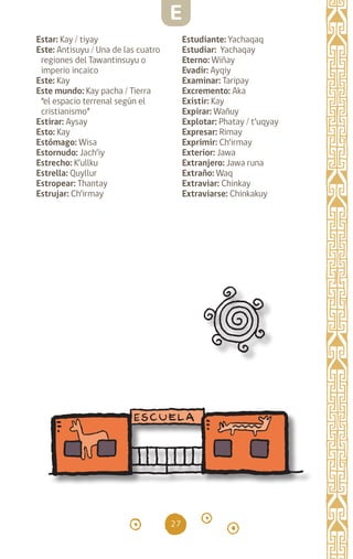 27
Estar: Kay / tiyay
Este: Antisuyu / Una de las cuatro
regiones del Tawantinsuyu o
imperio incaico
Este: Kay
Este mundo: Kay pacha / Tierra
“el espacio terrenal según el
cristianismo”
Estirar: Aysay		
Esto: Kay		
Estómago: Wisa
Estornudo: Jach’iy
Estrecho: K’ullku
Estrella: Quyllur
Estropear: Thantay
Estrujar: Ch’irmay
Estudiante: Yachaqaq
Estudiar: Yachaqay
Eterno: Wiñay
Evadir: Ayqiy
Examinar: Taripay
Excremento: Aka
Existir: Kay
Expirar: Wañuy
Explotar: Phatay / t’uqyay
Expresar: Rimay
Exprimir: Ch’irmay
Exterior: Jawa
Extranjero: Jawa runa
Extraño: Waq
Extraviar: Chinkay
Extraviarse: Chinkakuy		
E
diccionario_quechua_145_230.indd 27 14-01-2019 17:10:51
 