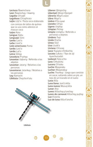 33
Lectura: Ñawinchana
Leer: Ñawinchay / ñawiriy
Legaña: Ch’uqñi		
Legañoso: Ch’uqñirara
Lejía: Llijt’a / Pasta seca elaborada
con cenizas de tallos de quínoa
que se usa como aderezo al
mascar coca
Lejos: Karu		
Lengua: Qallu		
Lenguaje: Simi		
Lento: Last’a		
Leña: Llant’a		
León americano: Puma
Lerdo: Last’a		
Lerdo: Lat’u		
Letra: Qillqa		
Levadura: P’ushqu
Levantar: Uqhariy / Referido a los
objetos
Levantar: Jatariy / Relativo a las
personas
Levantarse: Jatarikuy / Relativo a
las personas
Ley: Kamachi		
Libélula: Chujcha k’utu
Liberar: Qhispichiy
Libertad: Qhispi (Quispe)
Librería: Mayt’u wasi
Libro: Mayt’u		
Liebre: K’ita quwi		
Liendre: Ch’iya		
Ligero: Usqhay		
Limpiar: Pichay		
Limpio: Llimphu / Referido a
personas u objetos
Lindero: Tuqi		
Lindo: K’acha		
Línea: Siq’i		
Liso: Llusk’a		
Liviano: Ch’usaq		
Loco: Yuyayta chinkachiq
Locoto: Lukutu / Tipo de ají
(quechuizado)
Lodazal: Yana q’ita		
Loro: Chhullchu
Lucero: Ch’aska		
Lucha: Maqanaku	 
Luchar: Maqanakuy
Luche: Thunkuy / Juego que consiste
en sacar, saltando sobre un pie, un
tejo de un trazado en el suelo
Luna: Killa		
Luna llena: Junt’a killa
Luna nueva: Musuq killa
Lunar: Ana		
Lunes: Killachay p’unchay
Lunes de carnaval: Killachay pujllay
Luz: K’ancha		
Luz de luna: Killa k’ancha
Libélula
L
diccionario_quechua_145_230.indd 33 14-01-2019 17:10:53
 