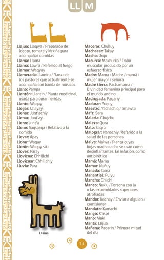 34
Llajua: Llaqwa / Preparado de
locoto, tomate y kirkiña para
acompañar comidas
Llama: Llama		
Llama: Lawra / Referido al fuego
Llamar: Waqyay		
Llamerada: Llamiru / Danza de
los pastores que actualmente se
acompaña con banda de músicos
Llano: Pampa		
Llantén: Llantin / Planta medicinal,
usada para curar heridas
Llanto: Waqay		
Llegar: Chayay		
Llenar: Junt’achiy
Llenar: Junt’ay		
Lleno: Junt’a		
Lleno: Saqsasqa / Relativo a la
comida
Llevar: Apay		
Llorar: Waqay		
Llorón: Waqay siki
Llover: Paray		
Llovizna: Chhillchi
Lloviznar: Chhillchiy
Lluvia: Para		
Macerar: Chulluy		
Machacar: Takay
Macho: Urqu		
Macurca: Makhurka / Dolor
muscular producido por un
esfuerzo físico
Madre: Mama / Madre / mamá /
mujer mayor / señora
Madre tierra: Pachamama /
Divinidad femenina principal para
el mundo andino
Madrugada: Paqariy
Madurar: Puquy
Maestro: Yachachiq / amawta
Maíz: Sara		
Malaria: Chujchu		
Maleza: Qura		
Malo: Saqra		
Malograr: Nanachiy /Referido a la
salud de las personas
Malva: Malwa / Planta cuyas
hojas machacadas se usan como
desinflamantes. En infusión, como
antipirético
Mamá: Mama		
Mamar: Ñuñuy		
Manada: Tama		
Manantial: Pujyu
Mancha: Ch’ichi		
Manco: Ñuk’u / Persona con la
o las extremidades superiores
atrofiadas
Mandar: Kachay / Enviar a alguien /
comisionar
Mandato: Kamachi
Mango: K’aspi		
Mano: Maki		
Manta: Llijlla		
Mañana: Paqarin / Primera mitad
del día
Llama
LL M
diccionario_quechua_145_230.indd 34 14-01-2019 17:10:53
 