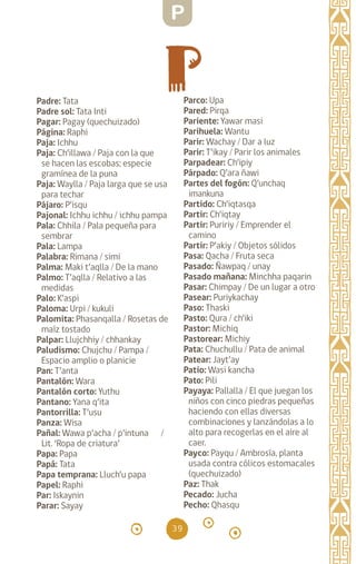 39
Padre: Tata		
Padre sol: Tata Inti
Pagar: Pagay (quechuizado)
Página: Raphi		
Paja: Ichhu		
Paja: Ch’illawa / Paja con la que
se hacen las escobas; especie
gramínea de la puna
Paja: Waylla / Paja larga que se usa
para techar
Pájaro: P’isqu		
Pajonal: Ichhu ichhu / ichhu pampa
Pala: Chhila / Pala pequeña para
sembrar
Pala: Lampa		
Palabra: Rimana / simi
Palma: Maki t’aqlla / De la mano
Palmo: T’aqlla / Relativo a las
medidas
Palo: K’aspi		
Paloma: Urpi / kukuli
Palomita: Phasanqalla / Rosetas de
maíz tostado
Palpar: Llujchhiy / chhankay
Paludismo: Chujchu / Pampa /
Espacio amplio o planicie
Pan: T’anta		
Pantalón: Wara
Pantalón corto: Yuthu
Pantano: Yana q’ita
Pantorrilla: T’usu
Panza: Wisa		
Pañal: Wawa p’acha / p’intuna /
Lit. ‘Ropa de criatura’
Papa: Papa		
Papá: Tata		
Papa temprana: Lluch’u papa
Papel: Raphi		
Par: Iskaynin		
Parar: Sayay		
Parco: Upa		
Pared: Pirqa		
Pariente: Yawar masi
Parihuela: Wantu
Parir: Wachay / Dar a luz
Parir: T’ikay / Parir los animales
Parpadear: Ch’ipiy
Párpado: Q’ara ñawi
Partes del fogón: Q’unchaq
imankuna
Partido: Ch’iqtasqa
Partir: Ch’iqtay		
Partir: Puririy / Emprender el
camino
Partir: P’akiy / Objetos sólidos
Pasa: Qacha / Fruta seca
Pasado: Ñawpaq / unay
Pasado mañana: Minchha paqarin
Pasar: Chimpay / De un lugar a otro
Pasear: Puriykachay
Paso: Thaski		
Pasto: Qura / ch’iki
Pastor: Michiq		
Pastorear: Michiy
Pata: Chuchullu / Pata de animal
Patear: Jayt’ay		
Patio: Wasi kancha
Pato: Pili		
Payaya: Pallalla / El que juegan los
niños con cinco piedras pequeñas
haciendo con ellas diversas
combinaciones y lanzándolas a lo
alto para recogerlas en el aire al
caer.
Payco: Payqu / Ambrosía, planta
usada contra cólicos estomacales
(quechuizado)
Paz: Thak		
Pecado: Jucha		
Pecho: Qhasqu		
P
diccionario_quechua_145_230.indd 39 14-01-2019 17:10:56
 