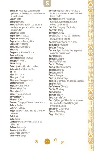 45
Señalar: K’illpay / Cortando un
pedazo de la oreja, especialmente
a las llamas
Señor: Tata		
Señora: Mama		
Señora: Mama t’alla / La esposa
de la principal autoridad de la
comunidad
Señorita: Sipas		
Separado: T’akasqa
Separar: Karunchay
Septiembre: Tarpuy killa
Sepultar: P’ampay
Sequía: Ch’aki pacha
Ser: Kay		
Serpiente: Amaru / katari
Servir: Qaray		
Sesenta: Suqta chunka
Sesgado: Wist’u
Seso: Ñusqu		
Setecientos: Qanchis pachaq
Setenta: Qanchis chunka
Sí: Ari		
Siembra: Tarpu		
Siempre: Puni		
Siempre: Tukuypachapi
Siete: Qanchis		
Siglo: Pachaq wata
Silbar: Khuyuña		
Silencio: Ch’in		
Silla: Tiyana, chukuna
Silvestre: K’ita
Similar: Kikin		
Soasar: Q’aspay / Tostar levemente
Sobra: Puchu		
Sobrar: Puchuy		
Soga: Waska / Trenzada de crines o
cerdas
Sol: Inti		
Solo: Sapa		
Soltar: Qhispichiy / Relativo a la
libertad
Soltar: Kachariy		
Sombra: Llanthu		
Sombrear: Llanthuy
Sombrero: Luq’u
Sombrilla: Llanthuna / Usada en
la feria o puesto de venta al aire
libre, toldo
Sonaja: Chajcha / Sonajas
fabricadas con pezuñas de
corderos o cabras
Sonido: T’uqyay / Explosivo
Sonreír: Asiriy		
Soñar: Musquy		
Sopa: Lawa / Sopa de harina de
maíz, quínoa o trigo
Sopa: P’isqi / Sopa de quínoa
Soplador: Phukuna
Soplar: Phukuy		
Sorber: Upiy / Alimentos espesos
como la mazamorra
Sordo: Luqt’u
Suave: Llamp’u		
Subida: Wichana		
Subir: Wichay		
Sucio: Khuchi / ch’ichi
Sudar: Jump’iy		
Sudor: Jump’i
Suelo: Pampa		
Suelto: Kacharisqa
Suelto: Lluchhu / Relativo a la ropa
Sueño: Puñu		
Suficiente: Chaylla
Sufrir: Muchuy		
Suma: Yapa		
Sumar: Yapay		
Suplicar: Mañay		
Sur: Qullasuyu / Una de las cuatro
regiones del Tawantinsuyu o
imperio incaico
Suspirar: Llakipakuy
Susto: Manchay		
Suyo: Paypaqta
S
diccionario_quechua_145_230.indd 45 14-01-2019 17:10:58
 