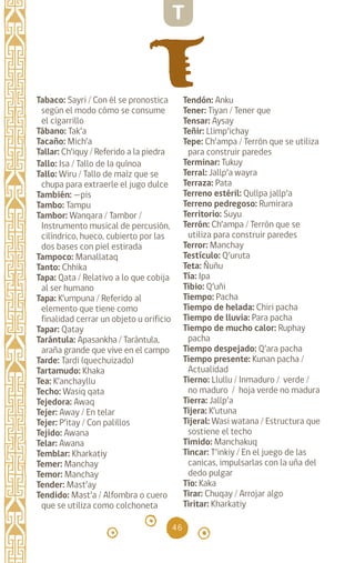 46
Tabaco: Sayri / Con él se pronostica
según el modo cómo se consume
el cigarrillo
Tábano: Tak’a		
Tacaño: Mich’a		
Tallar: Ch’iquy / Referido a la piedra
Tallo: Isa / Tallo de la quínoa
Tallo: Wiru / Tallo de maíz que se
chupa para extraerle el jugo dulce
También: —pis
Tambo: Tampu		
Tambor: Wanqara / Tambor /
Instrumento musical de percusión,
cilíndrico, hueco, cubierto por las
dos bases con piel estirada
Tampoco: Manallataq
Tanto: Chhika
Tapa: Qata / Relativo a lo que cobija
al ser humano
Tapa: K’umpuna / Referido al
elemento que tiene como
finalidad cerrar un objeto u orificio
Tapar: Qatay
Tarántula: Apasankha / Tarántula,
araña grande que vive en el campo
Tarde: Tardi (quechuizado)
Tartamudo: Khaka
Tea: K’anchayllu
Techo: Wasiq qata
Tejedora: Awaq		
Tejer: Away / En telar
Tejer: P’itay / Con palillos
Tejido: Awana		
Telar: Awana		
Temblar: Kharkatiy		
Temer: Manchay		
Temor: Manchay		
Tender: Mast’ay		
Tendido: Mast’a / Alfombra o cuero
que se utiliza como colchoneta
Tendón: Anku		
Tener: Tiyan / Tener que
Tensar: Aysay		
Teñir: Llimp’ichay
Tepe: Ch’ampa / Terrón que se utiliza
para construir paredes
Terminar: Tukuy
Terral: Jallp’a wayra
Terraza: Pata		
Terreno estéril: Qullpa jallp’a
Terreno pedregoso: Rumirara
Territorio: Suyu
Terrón: Ch’ampa / Terrón que se
utiliza para construir paredes
Terror: Manchay		
Testículo: Q’uruta
Teta: Ñuñu		
Tía: Ipa		
Tibio: Q’uñi		
Tiempo: Pacha		
Tiempo de helada: Chiri pacha
Tiempo de lluvia: Para pacha
Tiempo de mucho calor: Ruphay
pacha		
Tiempo despejado: Q’ara pacha
Tiempo presente: Kunan pacha /
Actualidad
Tierno: Llullu / Inmaduro / verde /
no maduro / hoja verde no madura
Tierra: Jallp’a		
Tijera: K’utuna		
Tijeral: Wasi watana / Estructura que
sostiene el techo
Tímido: Manchakuq
Tincar: T’inkiy / En el juego de las
canicas, impulsarlas con la uña del
dedo pulgar
Tío: Kaka		
Tirar: Chuqay / Arrojar algo
Tiritar: Kharkatiy		
T
diccionario_quechua_145_230.indd 46 14-01-2019 17:10:59
 