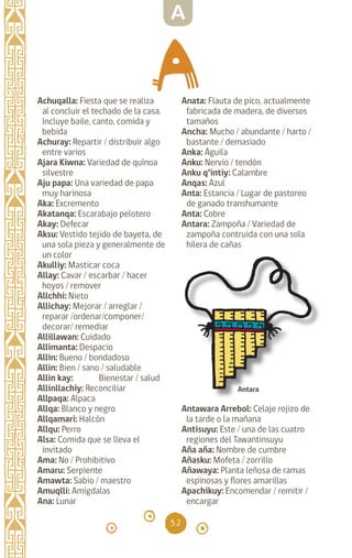 52
Achuqalla: Fiesta que se realiza
al concluir el techado de la casa.
Incluye baile, canto, comida y
bebida
Achuray: Repartir / distribuir algo
entre varios		
Ajara Kiwna: Variedad de quínoa
silvestre
Aju papa: Una variedad de papa
muy harinosa		
Aka: Excremento
Akatanqa: Escarabajo pelotero
Akay: Defecar 		
Aksu: Vestido tejido de bayeta, de
una sola pieza y generalmente de
un color
Akulliy: Masticar coca
Allay: Cavar / escarbar / hacer
hoyos / remover
Allchhi: Nieto		
Allichay: Mejorar / arreglar /
reparar /ordenar/componer/
decorar/ remediar
Allillawan: Cuidado
Allimanta: Despacio
Allin: Bueno / bondadoso
Allin: Bien / sano / saludable
Allin kay: Bienestar / salud
Allinllachiy: Reconciliar
Allpaqa: Alpaca		
Allqa: Blanco y negro
Allqamari: Halcón
Allqu: Perro		
Alsa: Comida que se lleva el
invitado
Ama: No / Prohibitivo
Amaru: Serpiente		
Amawta: Sabio / maestro
Amuqlli: Amígdalas
Ana: Lunar		
Anata: Flauta de pico, actualmente
fabricada de madera, de diversos
tamaños
Ancha: Mucho / abundante / harto /
bastante / demasiado
Anka: Águila		
Anku: Nervio / tendón
Anku q’intiy: Calambre
Anqas: Azul		
Anta: Estancia / Lugar de pastoreo
de ganado transhumante
Anta: Cobre		
Antara: Zampoña / Variedad de
zampoña contruida con una sola
hilera de cañas
Antawara Arrebol: Celaje rojizo de
la tarde o la mañana
Antisuyu: Este / una de las cuatro
regiones del Tawantinsuyu
Aña aña: Nombre de cumbre
Añasku: Mofeta / zorrillo
Añawaya: Planta leñosa de ramas
espinosas y flores amarillas
Apachikuy: Encomendar / remitir /
encargar
Antara
A
diccionario_quechua_145_230.indd 52 14-01-2019 17:11:02
 