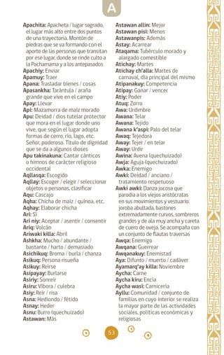 53
Apachita: Apacheta / lugar sagrado,
el lugar más alto entre dos puntos
de una trayectoria. Montón de
piedras que se va formando con el
aporte de las personas que transitan
por ese lugar, donde se rinde culto a
la Pachamama y a los antepasados
Apachiy: Enviar		
Apamuy: Traer		
Apana: Trasladar bienes / cosas
Apasankha: Tarántula / araña
grande que vive en el campo
Apay: Llevar
Api: Mazamorra de maíz morado
Apu: Deidad / dios tutelar protector
que mora en el lugar donde uno
vive, que según el lugar adopta
formas de cerro, río, lago, etc.
Señor, poderoso. Título de dignidad
que se da a algunos dioses
Apu takinakuna: Cantar cánticos
o himnos de carácter religioso
occidental
Aqllasqa: Escogido
Aqllay: Escoger / elegir / seleccionar
objetos o personas, clasificar
Aqu: Cascajo		
Aqha: Chicha de maíz / quínoa, etc.
Aqhay: Elaborar chicha
Ari: Sí
Ari niy: Aceptar / asentir / consentir
Ariq: Volcán		
Ariwaki killa: Abril
Ashkha: Mucho / abundante /
bastante / harto / demasiado
Asichikuq: Broma / burla / chanza
Asikuq: Persona risueña
Asikuy: Reírse		
Asipayay: Burlarse
Asiriy: Sonreír		
Asiru: Víbora / culebra
Asiy: Reír / risa
Asna: Hediondo / fétido
Asnay: Heder		
Asnu: Burro (quechuizado)
Astawan: Más		
Astawan allin: Mejor
Astawan pisi: Menos
Astawanpis: Además
Astay: Acarrear		
Ataqama: Tubérculo morado y
alargado comestible
Atichay: Martes		
Atichay ch’alla: Martes de
carnaval, día principal del mismo
Atipanakuy: Competencia
Atipay: Ganar / vencer
Atiy: Poder		
Atuq: Zorro		
Awa: Urdimbre		
Awana: Telar		
Awana: Tejido		
Awana k’aspi: Palo del telar
Awaq: Tejedora		
Away: Tejer / en telar
Away: Urdir		
Awina: Avena (quechuizado)
Awja: Aguja (quechuizado)
Awka: Enemigo
Awki: Deidad / anciano /
tratamiento respetuoso
Awki awki: Danza jocosa que
parodia a los viejos aristócratas
en sus movimientos y vestuario:
joroba abultada, bastones
extremadamente cur­
vos, sombreros
grandes y de ala muy ancha y careta
de cuero de oveja. Se acompaña con
un conjunto de flautas traversas
Awqa: Enemigo		
Awqana: Guerrear		
Awqanakuy: Enemistad
Aya: Difunto / muerto / cadáver
Ayamarq’ay killa: Noviembre
Aycha: Carne		
Aycha kiru: Encía
Aycha wasi: Carnicería
Ayllu: Comunidad / conjunto de
familias en cuyo interior se realiza
la mayor parte de las actividades
sociales, políticas económicas y
religiosas
A
diccionario_quechua_145_230.indd 53 14-01-2019 17:11:02
 