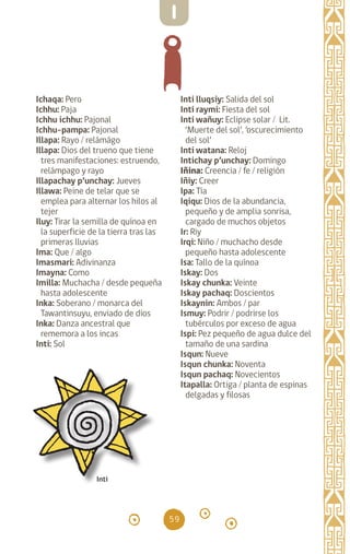 59
Ichaqa: Pero		
Ichhu: Paja		
Ichhu ichhu: Pajonal
Ichhu-pampa: Pajonal
Illapa: Rayo / relámágo
Illapa: Dios del trueno que tiene
tres manifestaciones: estruendo,
relámpago y rayo
Illapachay p’unchay: Jueves
Illawa: Peine de telar que se
emplea para alternar los hilos al
tejer
Iluy: Tirar la semilla de quínoa en
la superficie de la tierra tras las
primeras lluvias
Ima: Que / algo
Imasmari: Adivinanza
Imayna: Como		
Imilla: Muchacha / desde pequeña
hasta adolescente
Inka: Soberano / monarca del
Tawantinsuyu, enviado de dios
Inka: Danza ancestral que
rememora a los incas
Inti: Sol
Inti lluqsiy: Salida del sol
Inti raymi: Fiesta del sol
Inti wañuy: Eclipse solar / Lit.
‘Muerte del sol’, ‘oscurecimiento
del sol’
Inti watana: Reloj		
Intichay p’unchay: Domingo
Iñina: Creencia / fe / religión
Iñiy: Creer
Ipa: Tía		
Iqiqu: Dios de la abundancia,
pequeño y de amplia sonrisa,
cargado de muchos objetos
Ir: Riy		
Irqi: Niño / muchacho desde
pequeño hasta adolescente
Isa: Tallo de la quínoa
Iskay: Dos		
Iskay chunka: Veinte
Iskay pachaq: Doscientos
Iskaynin: Ambos / par
Ismuy: Podrir / podrirse los
tubérculos por exceso de agua
Ispi: Pez pequeño de agua dulce del
tamaño de una sardina
Isqun: Nueve
Isqun chunka: Noventa
Isqun pachaq: Novecientos
Itapalla: Ortiga / planta de espinas
delgadas y filosas
Inti
I
diccionario_quechua_145_230.indd 59 14-01-2019 17:11:06
 