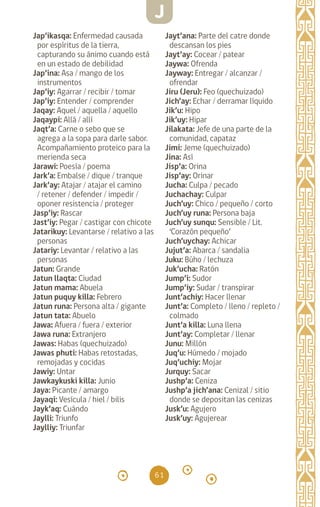 61
Jap’ikasqa: Enfermedad causada
por espíritus de la tierra,
capturando su ánimo cuando está
en un estado de debilidad
Jap’ina: Asa / mango de los
instrumentos
Jap’iy: Agarrar / recibir / tomar
Jap’iy: Entender / comprender
Jaqay: Aquel / aquella / aquello
Jaqaypi: Allá / allí
Jaqt’a: Carne o sebo que se
agrega a la sopa para darle sabor.
Acompañamiento proteico para la
merienda seca
Jarawi: Poesía / poema
Jark’a: Embalse / dique / tranque
Jark’ay: Atajar / atajar el camino
/ retener / defender / impedir /
oponer resistencia / proteger
Jasp’iy: Rascar		
Jast’iy: Pegar / castigar con chicote
Jatarikuy: Levantarse / relativo a las
personas
Jatariy: Levantar / relativo a las
personas
Jatun: Grande		
Jatun llaqta: Ciudad
Jatun mama: Abuela
Jatun puquy killa: Febrero
Jatun runa: Persona alta / gigante
Jatun tata: Abuelo
Jawa: Afuera / fuera / exterior
Jawa runa: Extranjero
Jawas: Habas (quechuizado)
Jawas phuti: Habas retostadas,
remojadas y cocidas
Jawiy: Untar
Jawkaykuski killa: Junio
Jaya: Picante / amargo
Jayaqi: Vesícula / hiel / bilis
Jayk’aq: Cuándo		
Jaylli: Triunfo		
Jaylliy: Triunfar		
Jayt’ana: Parte del catre donde
descansan los pies		
Jayt’ay: Cocear / patear
Jaywa: Ofrenda		
Jayway: Entregar / alcanzar /
ofrendar
Jiru (Jeru): Feo (quechuizado)
Jich’ay: Echar / derramar líquido
Jik’u: Hipo 		
Jik’uy: Hipar 		
Jilakata: Jefe de una parte de la
comunidad, capataz
Jimi: Jeme (quechuizado)
Jina: Así		
Jisp’a: Orina		
Jisp’ay: Orinar 		
Jucha: Culpa / pecado
Juchachay: Culpar
Juch’uy: Chico / pequeño / corto
Juch’uy runa: Persona baja
Juch’uy sunqu: Sensible / Lit.
‘Corazón pequeño’
Juch’uychay: Achicar
Jujut’a: Abarca / sandalia
Juku: Búho / lechuza
Juk’ucha: Ratón
Jump’i: Sudor 		
Jump’iy: Sudar / transpirar
Junt’achiy: Hacer llenar
Junt’a: Completo / lleno / repleto /
colmado
Junt’a killa: Luna llena
Junt’ay: Completar / llenar
Junu: Millón		
Juq’u: Húmedo / mojado
Juq’uchiy: Mojar
Jurquy: Sacar		
Jushp’a: Ceniza		
Jushp’a jich’ana: Cenizal / sitio
donde se depositan las cenizas
Jusk’u: Agujero		
Jusk’uy: Agujerear
J
diccionario_quechua_145_230.indd 61 14-01-2019 17:11:07
 
