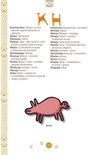 64
Khachuy Roer: Raspar con los
dientes superficialmente un
alimento
Khaka: Tartamudo
Khallasqa: Rama
Khallay: Tajar / abrir brecha / abrir
grieta o rajadura ancha o larga
Khallu: La mitad de un tejido
compuesto de dos paños
Khamupakuy: Rumiar
Khamuy: Mascar / masticar
desmenuzando
Kharka: Mugre / roña / suciedad
pegada fuertemente
Kharkatiy: Temblar / tiritar
Khasay: Eructar 		
Khipu: Nudo / sistema de
contabilidad / escritura a base de
nudos y colores
Khirkinchu: Quirquincho / armadillo
Khishka: Espina		
Khituy: Refregar / restregar
Khiwiy: Ovillar / enrollar /
embobinar la lana		
Khiwiy: Hacer girar la honda
Khuchi: Sucio / suciedad referida a
personas u objetos
Khuchi: Chancho / cerdo
Khuchichay: Ensuciar / contaminar
Khurku: Intruso		
Khuru: Gusano		
Khuyay: Amar / compadecer /
acariciar / querer
Khuyuña: Silbar
Khuchi
KH
diccionario_quechua_145_230.indd 64 14-01-2019 17:11:08
 