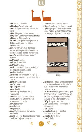 67
Llaki: Pena / aflicción
Llakipakuy: Suspirar/ gemir
Llakisqa: Apenado / melancólico /
triste
Llakiy: Afligirse / sufrir penas
Llakiy taki: Cantar canciones tristes
Llakiysapa: Melancólico
Llallawi: Cualquier fruto grande y
de buena calidad / lo mejor
Llama: Llama		
Llamiru: Llamerada o danza de
los pastores que actualmente se
acompaña con banda de músicos
Llamp’u: Molido / fino / suave /
blando
Llank’ana: Trabajo		
Llank’aq: Trabajador
Llank’ay: Trabajar		
Llantin: Llantén / planta medicinal,
usada para curar heridas
Llanthu: Sombra		
Llanthuna: Sombrilla usada en la
feria o puesto de venta al aire libre
/ toldo
Llanthuy: Sombrear
Llant’a: Leña		
Llapa llapa: Grama
Llaqta: Pueblo		
Llaqtachaq: Fundador de la
comunidad
Llaqwa: Llajua / preparado de
locoto, tomate y kirkiña para
acompañar comidas
Llaqway: Lamer
Llasa: Pesado		
Llasay: Pesar		
Llawch’a: Empanada de queso
horneada
Llawlli: Especie de arbusto espinoso
con flores rojas o blancas
Llawsa: Saliva / baba / flema
Llijiy: Centellear / brillar / refulgir
Llijlla: Aguayo / manta tejida de
lana, grande y multicolor, usada
para cargar objetos o criaturas
Llijt’a: Lejía / pasta seca elaborada
con cenizas de tallos de quínoa
que se usa como aderezo al
mascar coca
Llik’ichiri: Personaje nocturno que
adormece a los caminantes y les
extrae la grasa provocándoles
incluso la muerte (sacagrasa)
Llik’iy: Rasgar / romper
Llilli: Escaldadura / sarpullido /
dermatitis
Llilli: Leche		
Llimphu: Limpio, referido a
personas u objetos		
Llimphuchay: Asear
Llimp’i: Color		
Llijlla
LL
diccionario_quechua_145_230.indd 67 14-01-2019 17:11:10
 