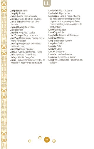 68
Llimp’ichay: Teñir
Llimp’iy: Pintar		
Llink’i: Arcilla para alfarería
Llint’a: Jetón / de labios gruesos
Llint’a simi: Persona con labio
leporino
Lliphuj lliphuj: Centelleo
Lliqti: Herpes 		
Lluchhu: Holgado / suelto
Lluch’u papa: Papa temprana
Lluch’uy: Descascarar / pelar con la
mano / mondar
Lluch’uy: Despellejar animales /
quitar el cuero
Llujchhiy: Tocar / palpar
Lluklla: Avenida corriente / riada
Llulla: Mentira / mentiroso
Llullay: Mentir / engañar
Llullu: Tierno / inmaduro / verde / no
maduro / hoja verde no madura
Llulluch’i: Alga lacustre
Llulluch’i: Alga de río
Llumpaqa: Limpio / puro / harina
de maíz blanco que representa
la pureza, preparado para fines
ceremoniales y distintos tipos de
costumbres		
Llunk’u: Adulador		
Llunk’uy: Adular 		
Lluqhalla: Púber / adolescente
Lluq’ay: Montar 		
Lluq’i: Izquierdo / zurdo
Lluqsina: Salida		
Lluqsiy: Salir		
Lluquy: Coito
Llusiy: Embarrar
Llusk’a: Liso / resbaloso
Llusk’ay: Deslizar / resbalar
Llusp’iy: Escabullirse / salvarse del
peligro
LL
diccionario_quechua_145_230.indd 68 14-01-2019 17:11:10
 