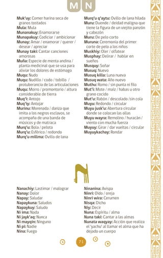 71
Muk’uy: Comer harina seca de
granos tostados 		
Mula: Mula		
Munanakuy: Enamorarse
Munapakuy: Codiciar / ambicionar
Munay: Amar / enamorar / querer /
desear / apreciar		
Munay taki: Cantar canciones
amorosas		
Muña: Especie de menta andina /
planta medicinal que se usa para
aliviar los dolores de estómago
Muqu: Nudo		
Muqu: Nudillo / codo / tobillo /
protuberancia de las articulaciones
Muqu: Morro / promontorio / altura
considerable de tierra
Muq’i: Antojo		
Muq’iy: Antojar		
Murinu: Morenada / danza que
imita a los negros esclavos, se
acompaña de una banda de
músicos y de matraca
Murq’u: Bola / pelota
Murq’u: Esférico / redondo
Murq’u millma: Ovillo de lana
Nanachiy: Lastimar / malograr
Nanay: Dolor		
Napay: Saludar		
Napaykuna: Saludos
Napaykuy: Saludo		
Ni ima: Nada		
Ni jayk’aq: Nunca
Ni mayqin: Ninguno
Ni pi: Nadie		
Nina: Fuego		
M N
Murq’u q’aytu: Ovillo de lana hilada
Muru: Duende / deidad maligna que
tiene la figura de un viejito panzón
y cabezón		
Muru: De pelo corto
Muruna: Ceremonia del primer
corte de pelo a los niños
Muskhiy: Oler / olfatear
Musphay: Delirar / hablar en
sueños
Musquy: Soñar		
Musuq: Nuevo		
Musuq killa: Luna nueva
Musuq wata: Año nuevo
Muthu: Romo / sin punta ni filo
Mut’i: Mote / maíz / habas u otro
grano cocido
Mut’u: Rabón / descolado /sin cola
Muyu: Redondo / circular
Muyu jusk’u: Abertura circular
donde se colocan las ollas
Muyu wayra: Remolino / huracán /
viento con mucha fuerza
Muyuy: Girar / dar vueltas / circular
Muyuykachay: Rondar
Ninanina: Avispa
Ninri: Oído / oreja
Ninri wira: Cerumen
Nisqa: Dicho		
Niy: Decir		
Nuna: Espíritu / alma
Nuna taki: Cantar a las almas
Nunata waqyay: Acción que realiza
el ‘yachu’ al llamar el alma que ha
dejado un cuerpo
diccionario_quechua_145_230.indd 71 14-01-2019 17:11:12
 