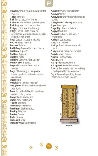 74
Pirwa: Granero / lugar para guardar
víveres
—pis: También		
Pisi: Poco / escaso / menos
Pisi uma: Corto de entendimiento
Pisichay: Apocar / despreciar
Pisiyay: Escasear / faltar algo
Pitay: Fumar / acto ritual de
pronóstico y protección contra los
espíritus malignos		
Pitu: Cereal tostado y molido
Puchu: Resta / sobra
Puchuy: Sobrar		
Pujllakuy: Broma / burla / chanza
Pujllana: Juguete		
Pujllaq: Jugador		
Pujllay: Jugar		
Pujllay: Carnaval / Lit. ‘Juego’
Pujllay siki: Travieso
Pujyu: Manantial / vertiente /
fuente
Pujyu: Ojo de agua que posee
ciertos poderes sobrenaturales
malignos
Puka: Rojo		
Pukara: Fortaleza / mirador
Pukupuku: Pájaro andino que llama
a la lluvia
Pulu: La orilla del tejido que lleva
un hilo más grueso
Puma: León americano
Puna: Puna / altiplano
—puni: Siempre		
Punkikuy: Hincharse
Punkiray: Deshincharse
Punkiy: Hinchar		
Punku: Puerta		
Puñu: Sueño		
Puñuna: Cama		
Puñuna wasi: Dormitorio
Puñuq: Persona que duerme
Puñuy: Dormir		
Puñuysapa: Dormilón / muerto de
sueño
Puñuywan atichikuy: Bostezar
Pupu: Ombligo
Puquchiy: Hacer madurar
Puquy: Madurar		
Puquy: Producir / dar fruto /
fructificar
Purikuq: Vagabundo
Puriq: Caminante
Puririy: Partir / emprender el
camino
Puriy: Andar / caminar / viajar
Puriykachay: Pasear
Purutu: Poroto / frijol
Pusaq: Ocho		
Pusaq chunka: Ochenta
Pusaq pachaq: Ochocientos
Pututu: Bocina de cuerno de buey
usada para llamar a reunión
Puyu: Cama de piedra y barro,
también sirve de asiento
Punku
P
diccionario_quechua_145_230.indd 74 14-01-2019 17:11:24
 