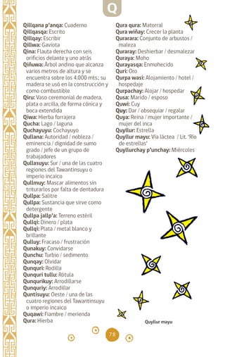 78
Qillqana p’anqa: Cuaderno
Qillqasqa: Escrito
Qillqay: Escribir		
Qillwa: Gaviota 		
Qina: Flauta derecha con seis
orificios delante y uno atrás
Qiñuwa: Árbol andino que alcanza
varios metros de altura y se
encuentra sobre los 4.000 mts.; su
madera se usó en la construcción y
como combustible
Qiru: Vaso ceremonial de madera,
plata o arcilla, de forma cónica y
boca extendida
Qiwa: Hierba forrajera
Qucha: Lago / laguna
Quchayuyu: Cochayuyo
Qullana: Autoridad / nobleza /
eminencia / dignidad de sumo
grado / jefe de un grupo de
trabajadores
Qullasuyu: Sur / una de las cuatro
regiones del Tawantinsuyu o
imperio incaico
Qullmuy: Mascar alimentos sin
triturarlos por falta de dentadura
Qullpa: Salitre
Qullpa: Sustancia que sirve como
detergente
Qullpa jallp’a: Terreno estéril
Qullqi: Dinero / plata
Qullqi: Plata / metal blanco y
brillante
Qulluy: Fracaso / frustración
Qunakuy: Convidarse
Qunchu: Turbio / sedimento
Qunqay: Olvidar
Qunquri: Rodilla		
Qunquri tullu: Rótula
Qunqurikuy: Arrodillarse
Qunquriy: Arrodillar
Quntisuyu: Oeste / una de las
cuatro regiones del Tawantinsuyu
o imperio incaico
Quqawi: Fiambre / merienda
Qura: Hierba
Qura qura: Matorral		
Qura wiñay: Crecer la planta
Qurarara: Conjunto de arbustos /
maleza		
Quraray: Deshierbar / desmalezar
Quraya: Moho
Qurayasqa: Enmohecido
Quri: Oro
Qurpa wasi: Alojamiento / hotel /
hospedaje		
Qurpachay: Alojar / hospedar
Qusa: Marido / esposo
Quwi: Cuy		
Quy: Dar / obsequiar / regalar
Quya: Reina / mujer importante /
mujer del inca
Quyllur: Estrella
Quyllur mayu: Vía láctea / Lit. ‘Río
de estrellas’
Quyllurchay p’unchay: Miércoles
Quyllur mayu
Q
diccionario_quechua_145_230.indd 78 14-01-2019 17:11:29
 
