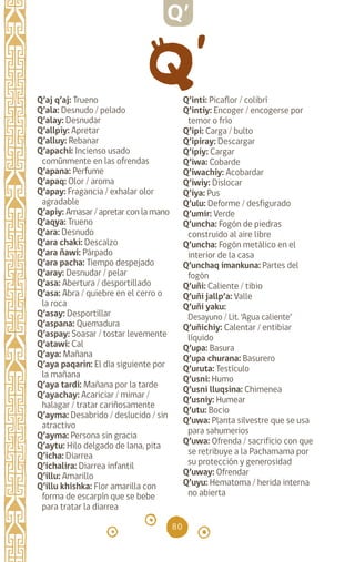 80
Q’aj q’aj: Trueno		
Q’ala: Desnudo / pelado
Q’alay: Desnudar		
Q’allpiy: Apretar		
Q’alluy: Rebanar 		
Q’apachi: Incienso usado
comúnmente en las ofrendas
Q’apana: Perfume		
Q’apaq: Olor / aroma
Q’apay: Fragancia / exhalar olor
agradable
Q’apiy: Amasar / apretar con la mano
Q’aqya: Trueno		
Q’ara: Desnudo		
Q’ara chaki: Descalzo
Q’ara ñawi: Párpado
Q’ara pacha: Tiempo despejado
Q’aray: Desnudar / pelar
Q’asa: Abertura / desportillado
Q’asa: Abra / quiebre en el cerro o
la roca
Q’asay: Desportillar
Q’aspana: Quemadura
Q’aspay: Soasar / tostar levemente
Q’atawi: Cal		
Q’aya: Mañana
Q’aya paqarin: El día siguiente por
la mañana
Q’aya tardi: Mañana por la tarde
Q’ayachay: Acariciar / mimar /
halagar / tratar cariñosamente
Q’ayma: Desabrido / deslucido / sin
atractivo
Q’ayma: Persona sin gracia
Q’aytu: Hilo delgado de lana, pita
Q’icha: Diarrea		
Q’ichalira: Diarrea infantil
Q’illu: Amarillo
Q’illu khishka: Flor amarilla con
forma de escarpín que se bebe
para tratar la diarrea
Q’inti: Picaflor / colibrí
Q’intiy: Encoger / encogerse por
temor o frío
Q’ipi: Carga / bulto
Q’ipiray: Descargar
Q’ipiy: Cargar		
Q’iwa: Cobarde		
Q’iwachiy: Acobardar
Q’iwiy: Dislocar 		
Q’iya: Pus 		
Q’ulu: Deforme / desfigurado
Q’umir: Verde
Q’uncha: Fogón de piedras
construido al aire libre		
Q’uncha: Fogón metálico en el
interior de la casa		
Q’unchaq imankuna: Partes del
fogón
Q’uñi: Caliente / tibio
Q’uñi jallp’a: Valle
Q’uñi yaku:
Desayuno / Lit. ‘Agua caliente’
Q’uñichiy: Calentar / entibiar
líquido
Q’upa: Basura		
Q’upa churana: Basurero
Q’uruta: Testículo		
Q’usni: Humo		
Q’usni lluqsina: Chimenea
Q’usniy: Humear		
Q’utu: Bocio		
Q’uwa: Planta silvestre que se usa
para sahumerios
Q’uwa: Ofrenda / sacrificio con que
se retribuye a la Pachamama por
su protección y generosidad
Q’uway: Ofrendar		
Q’uyu: Hematoma / herida interna
no abierta
Q’
diccionario_quechua_145_230.indd 80 14-01-2019 17:11:30
 