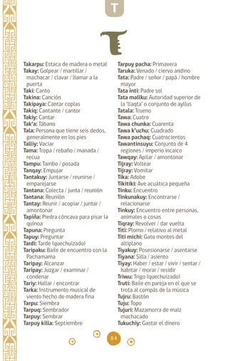 84
Takarpu: Estaca de madera o metal
Takay: Golpear / martillar /
machacar / clavar / llamar a la
puerta
Taki: Canto		
Takina: Canción		
Takipaya: Cantar coplas
Takiq: Cantante / cantor
Takiy: Cantar		
Tak’a: Tábano		
Tala: Persona que tiene seis dedos,
generalmente en los pies
Talliy: Vaciar		
Tama: Tropa / rebaño / manada /
recua
Tampu: Tambo / posada
Tanqay: Empujar 		
Tantakuy: Juntarse / reunirse /
emparejarse		
Tantana: Colecta / junta / reunión
Tantana: Reunión		
Tantay: Reunir / acopiar / juntar /
amontonar
Tapiña: Piedra cóncava para pisar la
quínoa
Tapuna: Pregunta		
Tapuy: Preguntar
Tardi: Tarde (quechuizado)
Taripaku: Baile de encuentro con la
Pachamama
Taripay: Alcanzar		
Taripay: Juzgar / examinar /
condenar
Tariy: Hallar / encontrar
Tarka: Instrumento musical de
viento hecho de madera fina
Tarpu: Siembra		
Tarpuq: Sembrador
Tarpuy: Sembrar		
Tarpuy killa: Septiembre
Tarpuy pacha: Primavera
Taruka: Venado / ciervo andino
Tata: Padre / señor / papá / hombre
mayor		
Tata inti: Padre sol		
Tata mallku: Autoridad superior de
la ‘llaqta’ o conjunto de ayllus
Tatala: Trueno		
Tawa: Cuatro		
Tawa chunka: Cuarenta
Tawa k’uchu: Cuadrado
Tawa pachaq: Cuatrocientos
Tawantinsuyu: Conjunto de 4
regiones / imperio incaico
Tawqay: Apilar / amontonar
Tijray: Voltear		
Tijray: Vomitar 		
Tika: Adobe		
Tikitiki: Ave acuática pequeña
Tinku: Encuentro
Tinkunakuy: Encontrarse /
relacionarse
Tinkuy: Encuentro entre personas,
animales o cosas
Tiqray: Revolver / dar vuelta
Titi: Plomo / relativo al metal
Titi michi: Gato montes del
altiplano
Tiyakuy: Posesionarse / asentarse
Tiyana: Silla / asiento
Tiyay: Haber / estar / vivir / sentar /
habitar / morar / residir
Triwu: Trigo (quechuizado)
Truti: Baile en pareja en el que se
trota al compás de la música
Tujru: Bastón		
Tuju: Topo		
Tujuri: Mazamorra de maíz
machacado
Tukuchiy: Gastar el dinero
T
diccionario_quechua_145_230.indd 84 14-01-2019 17:11:32
 