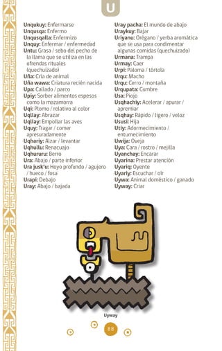 88
Unqukuy: Enfermarse
Unqusqa: Enfermo		
Unqusqalla: Enfermizo
Unquy: Enfermar / enfermedad
Untu: Grasa / sebo del pecho de
la llama que se utiliza en las
ofrendas rituales
(quechuizado)
Uña: Cría de animal
Uña wawa: Criatura recién nacida
Upa: Callado / parco
Upiy: Sorber alimentos espesos
como la mazamorra
Uqi: Plomo / relativo al color
Uqllay: Abrazar		
Uqllay: Empollar las aves
Uquy: Tragar / comer
apresuradamente
Uqhariy: Alzar / levantar
Uqhullu: Renacuajo
Uqhururu: Berro		
Ura: Abajo / parte inferior
Ura jusk’u: Hoyo profundo / agujero
/ hueco / fosa		
Urapi: Debajo 		
Uray: Abajo / bajada
Uray pacha: El mundo de abajo
Uraykuy: Bajar		
Uriyanu: Orégano / yerba aromática
que se usa para condimentar
algunas comidas (quechuizado)
Urmana: Trampa		
Urmay: Caer
Urpi: Paloma / tórtola
Urqu: Macho		
Urqu: Cerro / montaña
Urqupata: Cumbre
Usa: Piojo		
Usqhachiy: Acelerar / apurar /
apremiar
Usqhay: Rápido / ligero / veloz
Ususi: Hija		
Utiy: Adormecimiento /
entumecimiento
Uwija: Oveja		
Uya: Cara / rostro / mejilla
Uyanchay: Encarar
Uyarina: Prestar atención
Uyariq: Oyente		
Uyariy: Escuchar / oír
Uywa: Animal doméstico / ganado
Uyway: Criar
		
U
Uyway
diccionario_quechua_145_230.indd 88 14-01-2019 17:11:34
 