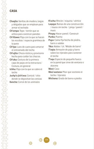94
Chaqlla: Varillas de madera, largas
y delgadas que se emplean para
armar el techado
Ch’ampa: Tepe / terrón que se
utiliza para construir paredes
Ch’illawa: Paja con la que se hacen
las escobas / especie gramínea de
la puna
Ch’ipa: Lazo de cuero para amarrar
el entramado del techo
Ch’ujlla: Choza rústica y provisoria
hecha para cuidar las chacras
Ch’uku: Costura de la primera
capa de pajas en la estructura /
Costura, en general
Ichhu: Paja con la que se cubre el
techo
Jushp’a jich’ana: Cenizal / sitio
donde se depositan las cenizas
Kancha: Corral de los animales
K’uchu: Rincón / esquina / vértice
Laqaya: Ruinas de una construcción
/ muros sin techo / pirqa / pared /
muro		
Pirqay: Hacer pared / Construir
Punku: Puerta		
Puyu: Cama fija hecha de piedra,
barro o adobe		
Tika: Adobe / Lit. ‘Molde de barro’
T’aqta: Armazón de paja y barro
sobre los tijerales para sostener
el techo
T’uqu: Especie de pequeño hueco
en la pared que sirve de ventana o
alacena
Wasi: Casa		
Wasi watana: Pilar que sostiene el
techo / tijerales
Wichana: Grada de barro o piedra
CASA
diccionario_quechua_145_230.indd 94 14-01-2019 17:12:04
 